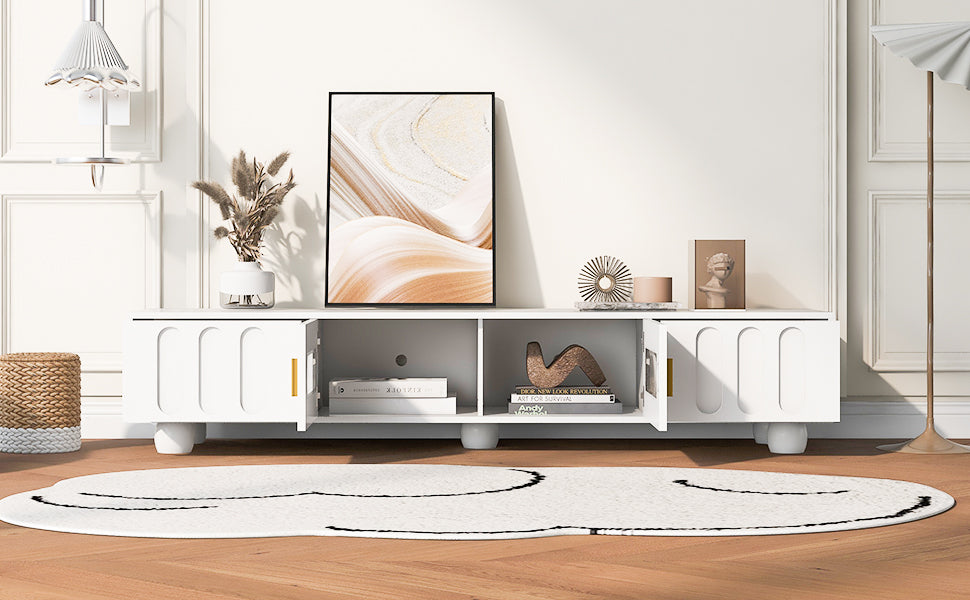 Modern Tv Stand For Tvs Up To 80 Inches, Entertainment Center With Glass Door, 2 Drawers And Cabinets, Wood Tv Storage Cabinet With Solid Wood Legs And Metal Handles For Living Room White Mdf