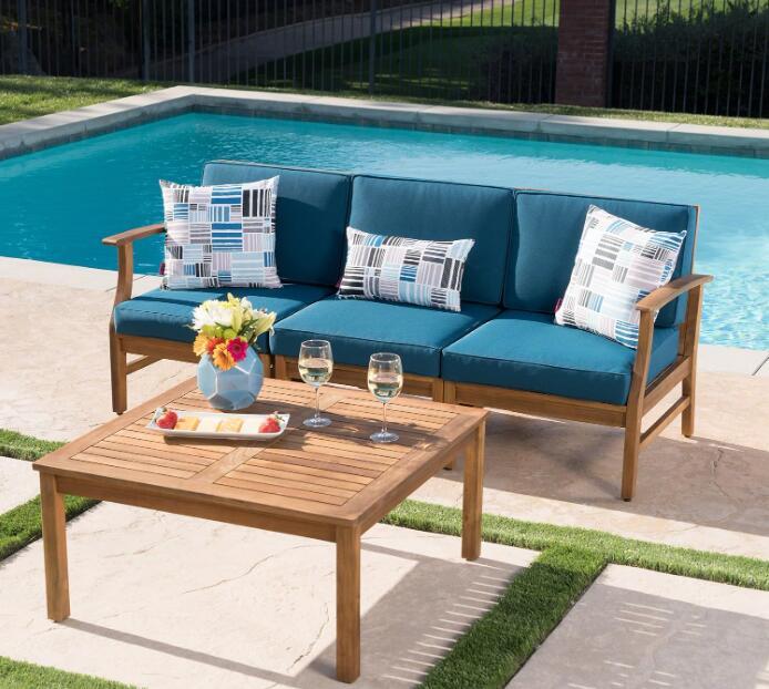 Perla 3 Seater Sofa And Table Set, Blue Blue Acacia Wood