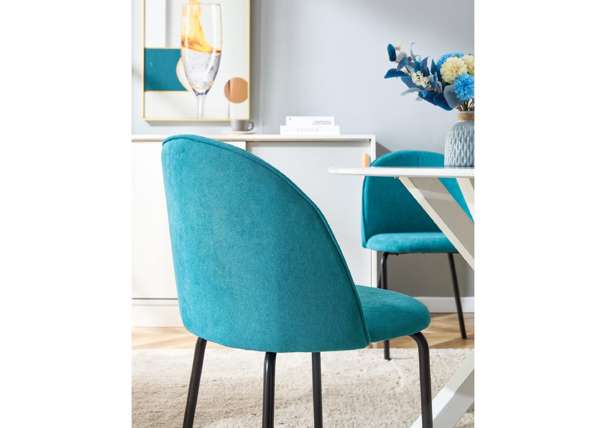 Blue Modern Chair Set Of 2 With Iron Tube Legs, Soft Cushions And Comfortable Backrest, Suitable For Dining Room, Living Room, Cafe Teal Blue Fabric