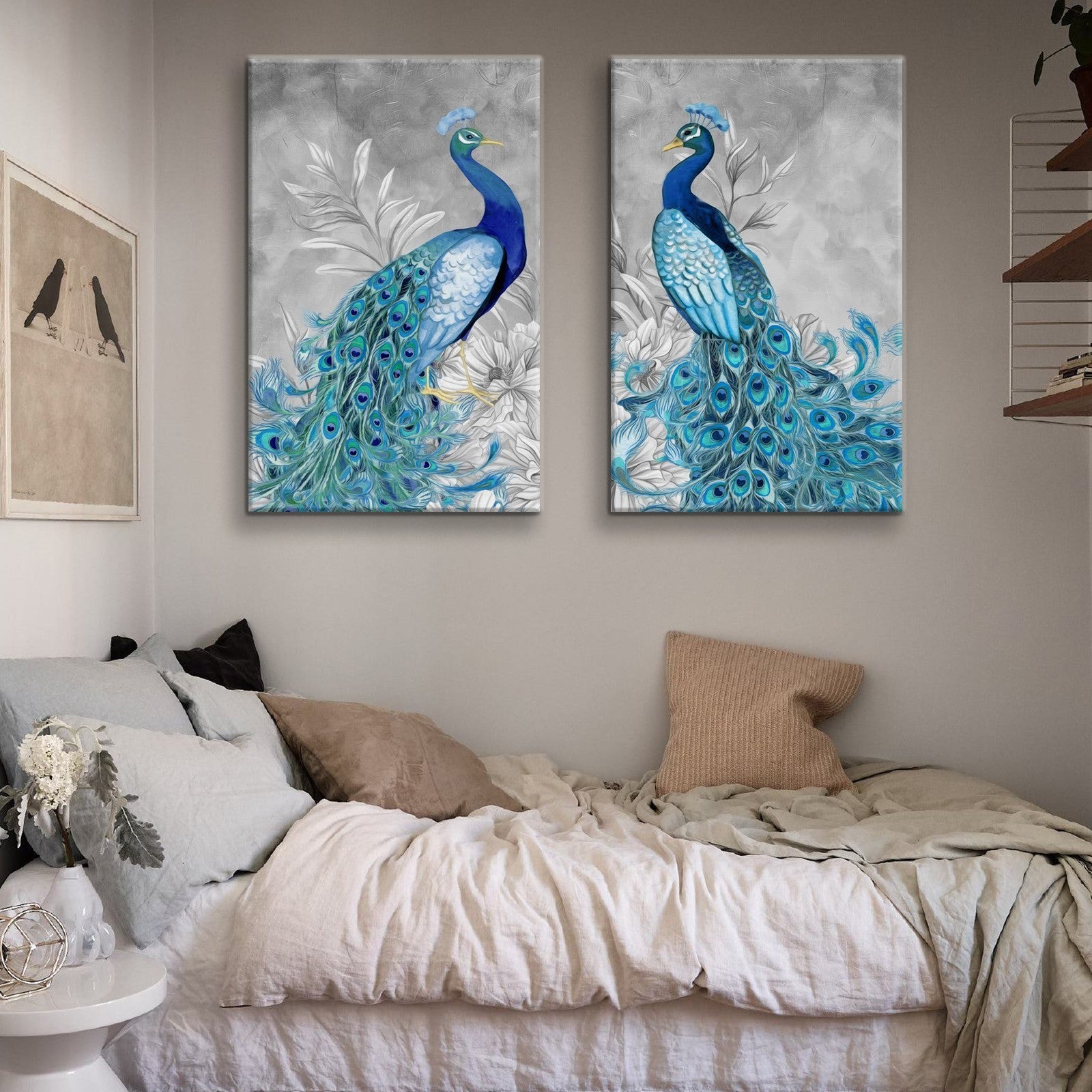 2 Panels Framed Elegant Blue Peacock Canvas Wall Art Decor,2 Pieces Mordern Canvas Decoration Painting For Office,Dining Room,Living Room, Bedroom Decor Ready To Hang Rectangle Framed Multicolor Oversized 41In Canvas Animals