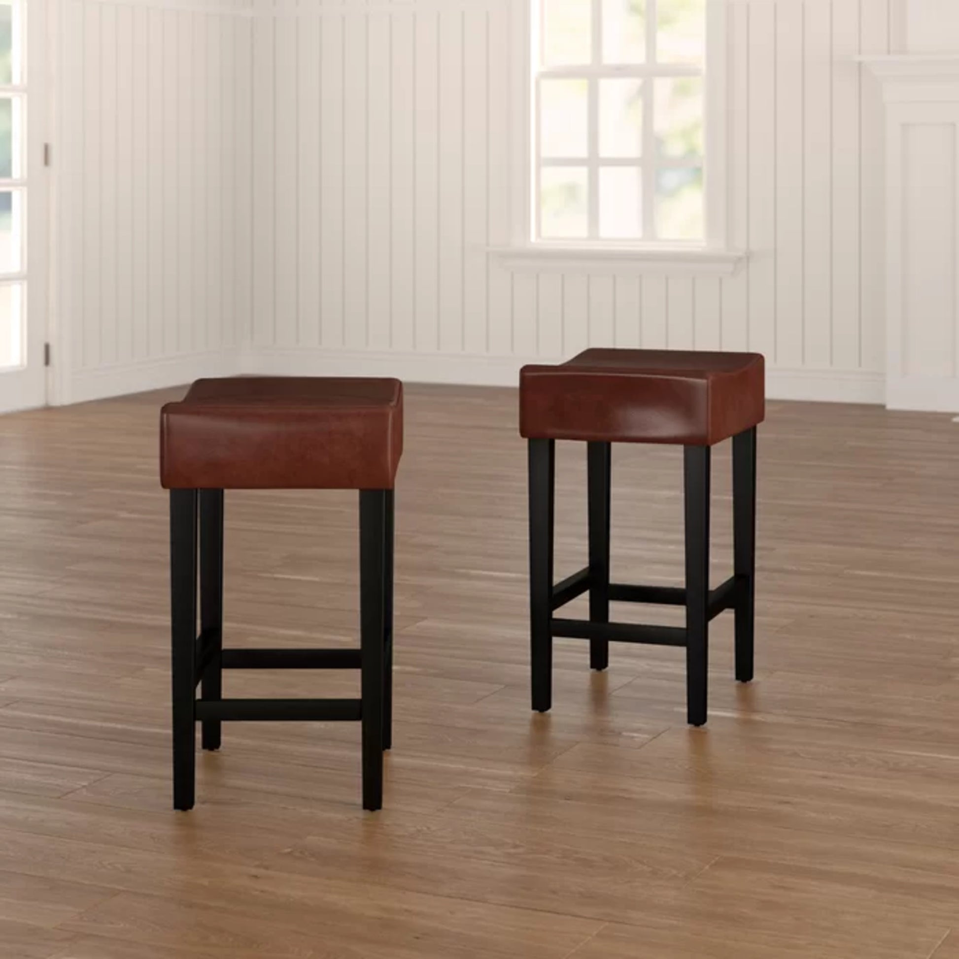 Set Of 2, 26.75" Backless Leather Counter Height Barstool, Brown Brown Leather