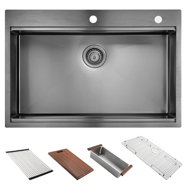 27" X 22" Drop In Kitchen Sink Gunmetal Black, 16 Gauge Stainless Steel Workstation Sink Black Stainless Steel