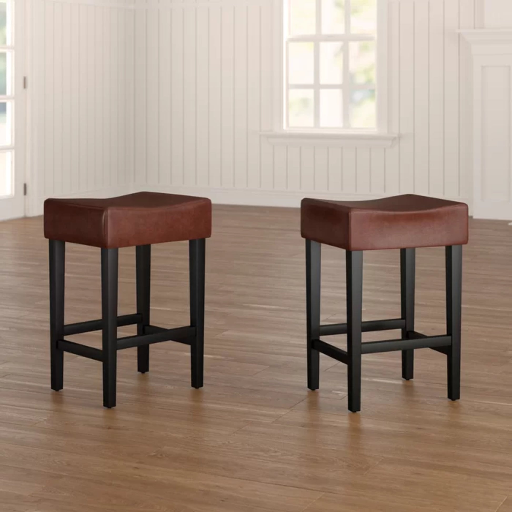 Set Of 2, 26.75" Backless Leather Counter Height Barstool, Brown Brown Leather