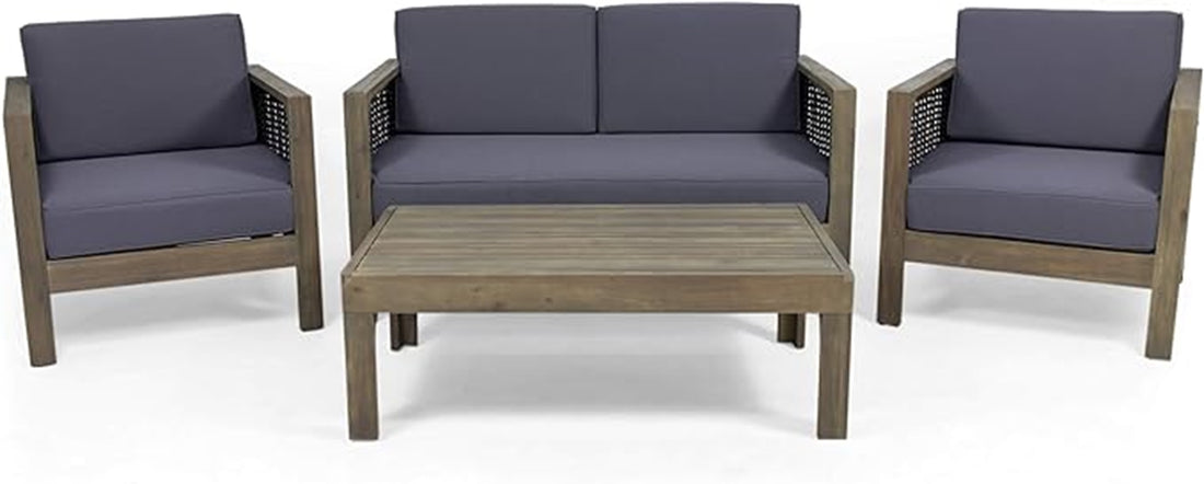 Outdoor 4 Seater Acacia Wood Chat Set With Wicker Accents And Cushions, Gray Mixed Gray Dark Gray Gray Acacia Wood