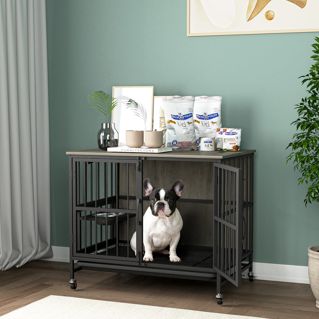 Modern Kennel Dogs Room Up To 60 Lb, Dog Crate Furniture With Multi Purpose Rremovable Ttray, Double Door Dog House, Lift Panel, 360 Degree Rotation 3 Height Adjustable Feeding Bowls Grey Antique Gray Mid Century Modern,Minimalist Dog Particle Board