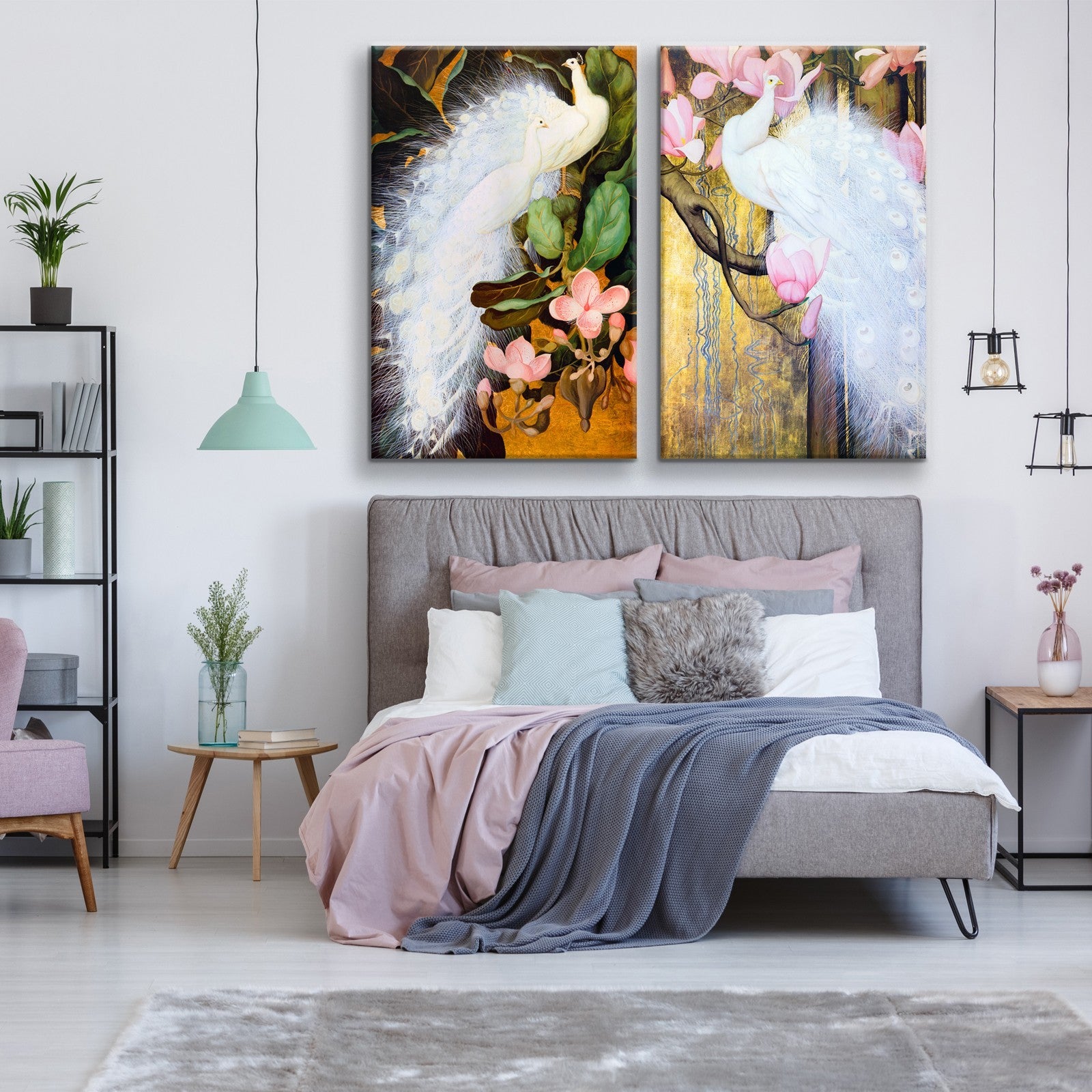 2 Panels Framed Elegant White Peacock Canvas Wall Art Decor,2 Pieces Mordern Canvas Decoration Painting For Office,Dining Room,Living Room, Bedroom Decor Ready To Hang Rectangle Framed Multicolor Oversized 41In Canvas Animals