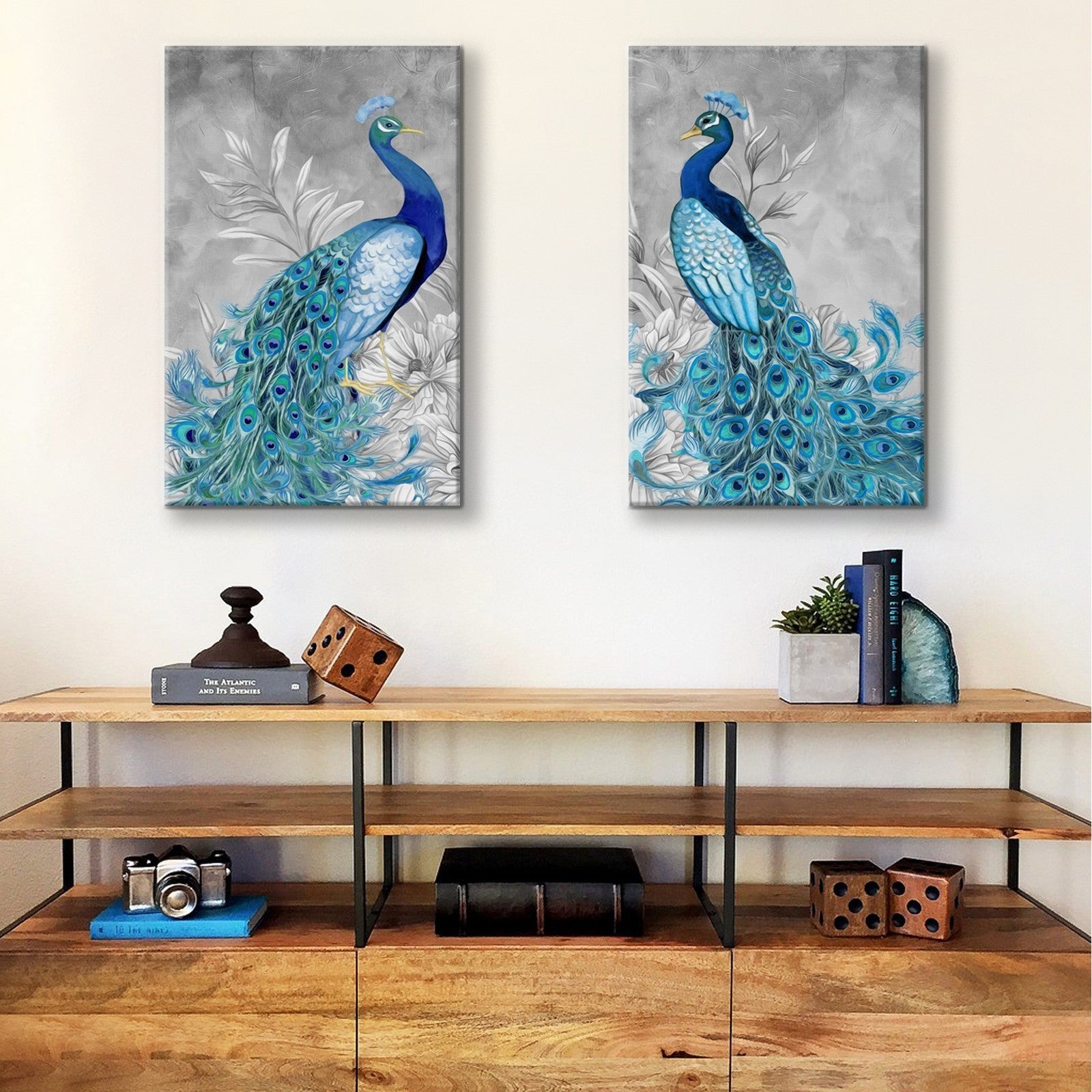 2 Panels Framed Elegant Blue Peacock Canvas Wall Art Decor,2 Pieces Mordern Canvas Decoration Painting For Office,Dining Room,Living Room, Bedroom Decor Ready To Hang Rectangle Framed Multicolor Oversized 41In Canvas Animals