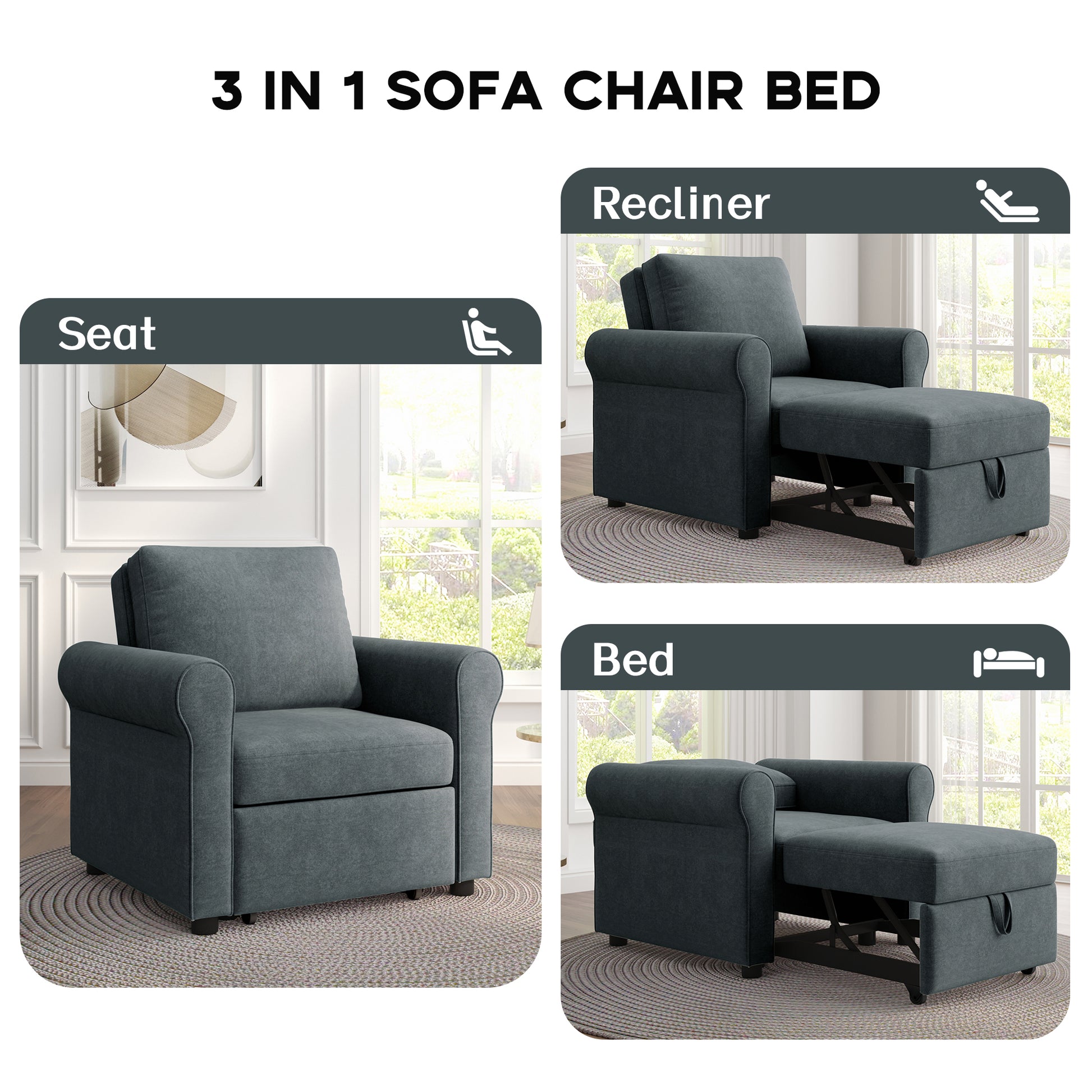 3 In 1 Sofa Bed Chair, Convertible Sleeper Chair Bed,Adjust Backrest Into A Sofa,Lounger Chair,Single Bed,Modern Chair Bed Sleeper For Adults,Deep Blue Old Sku:Wf301161Aad Dark Blue Linen