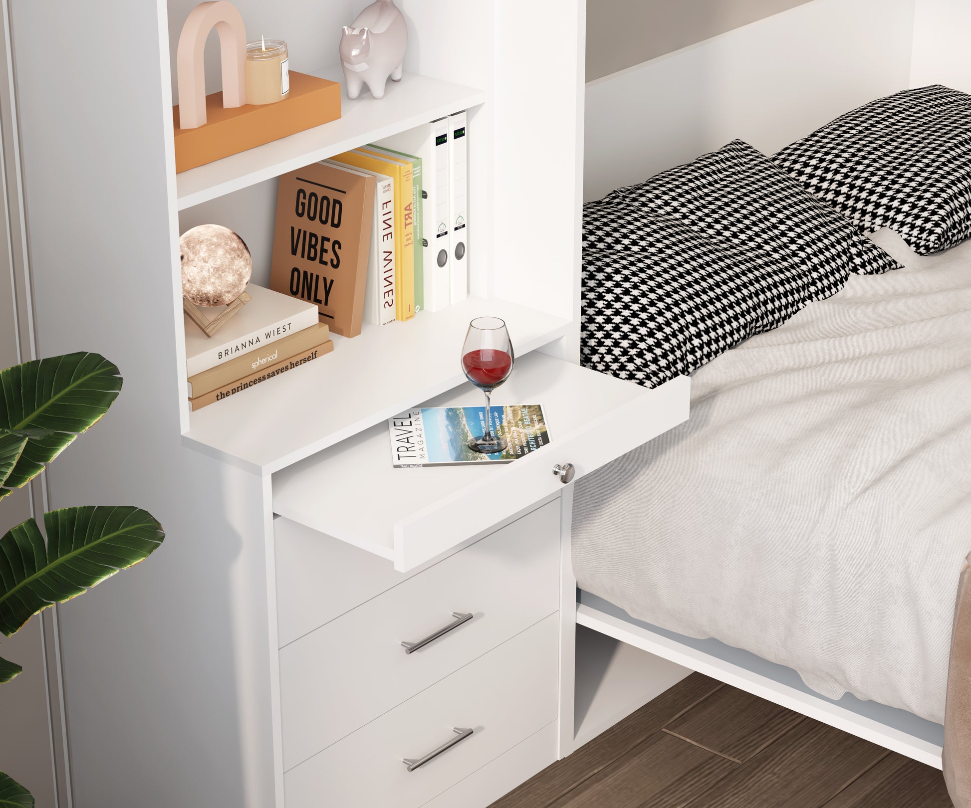 Morden Deisgn Full Size Vertical Murphy Bed With Shelf And Drawers For Bedroom Or Guestroom White Wall Bed Space Saving Hidden Bed With Style Gas Struts Box Spring Not Required Full White Metal White Bedroom American Design,European,Modern Murphy Plywood