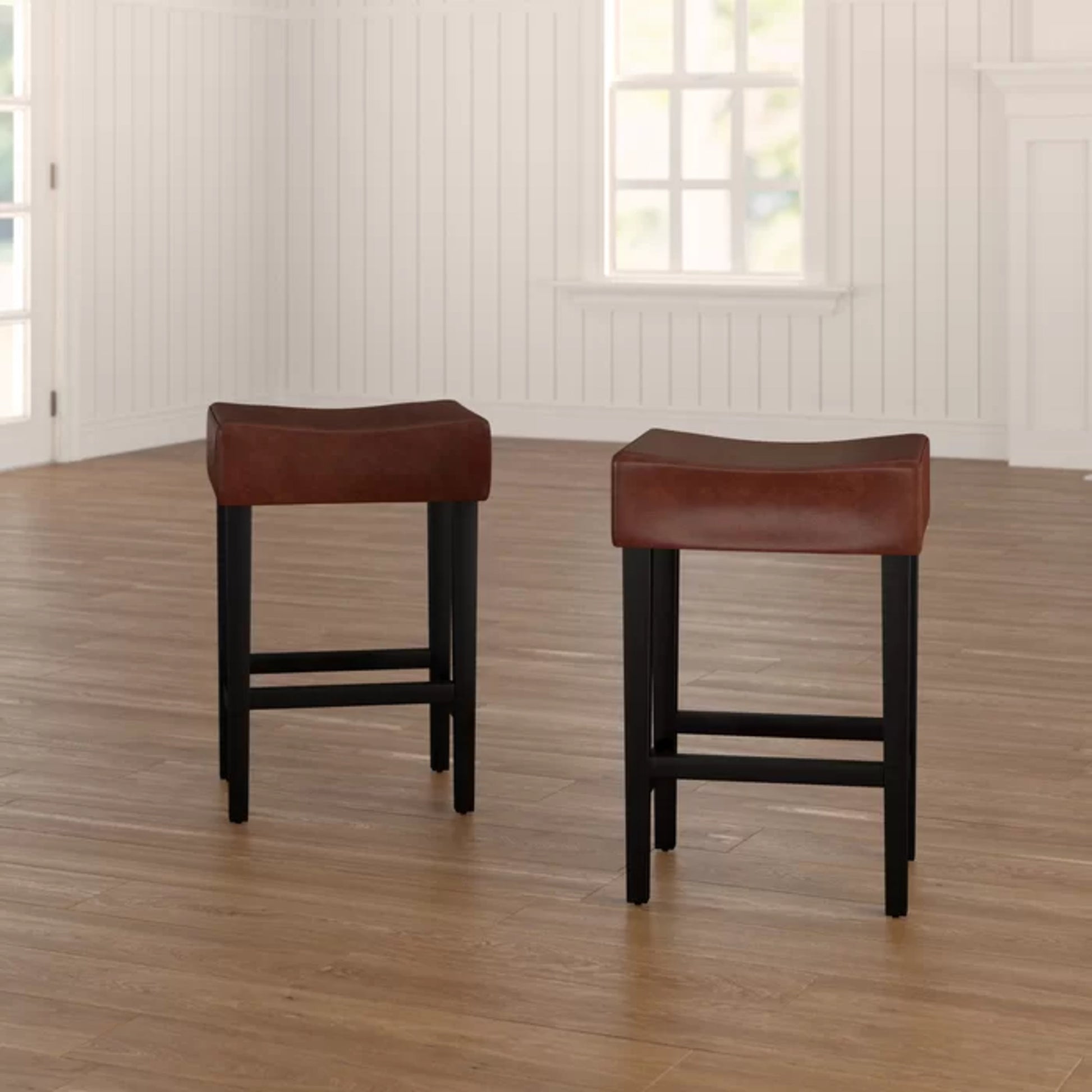 Set Of 2, 26.75" Backless Leather Counter Height Barstool, Brown Brown Leather