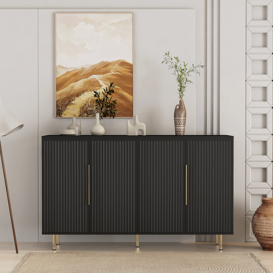 Black Modern Buffet Cabinet With Storage, Fluted Sideboard Large Buffet With Adjustable Shelves, Credenza, Accent Cabinet Console Table Black Mdf