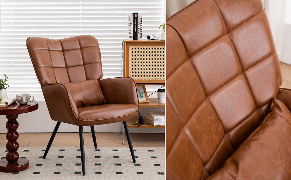 Bonded Leather Armchair, Modern Accent Chair High Back, Living Room Chairs With Metal Legs And Soft Padded, Sofa Chairs For Home Office,Bedroom,Dining Room Brown 1Pc Brown Bonded Leather