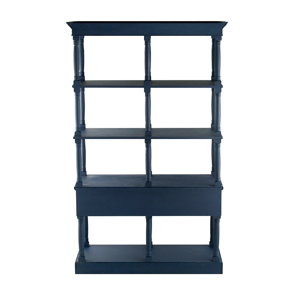 51X19.5X81.5", Blue Four Tiered Wooden Shelf With Two Drawers, Farmhouse Wood Bookcase Display Storage Shelf Etageres Antique Navy Blue Antique,Boho,Farmhouse,French Country Wood