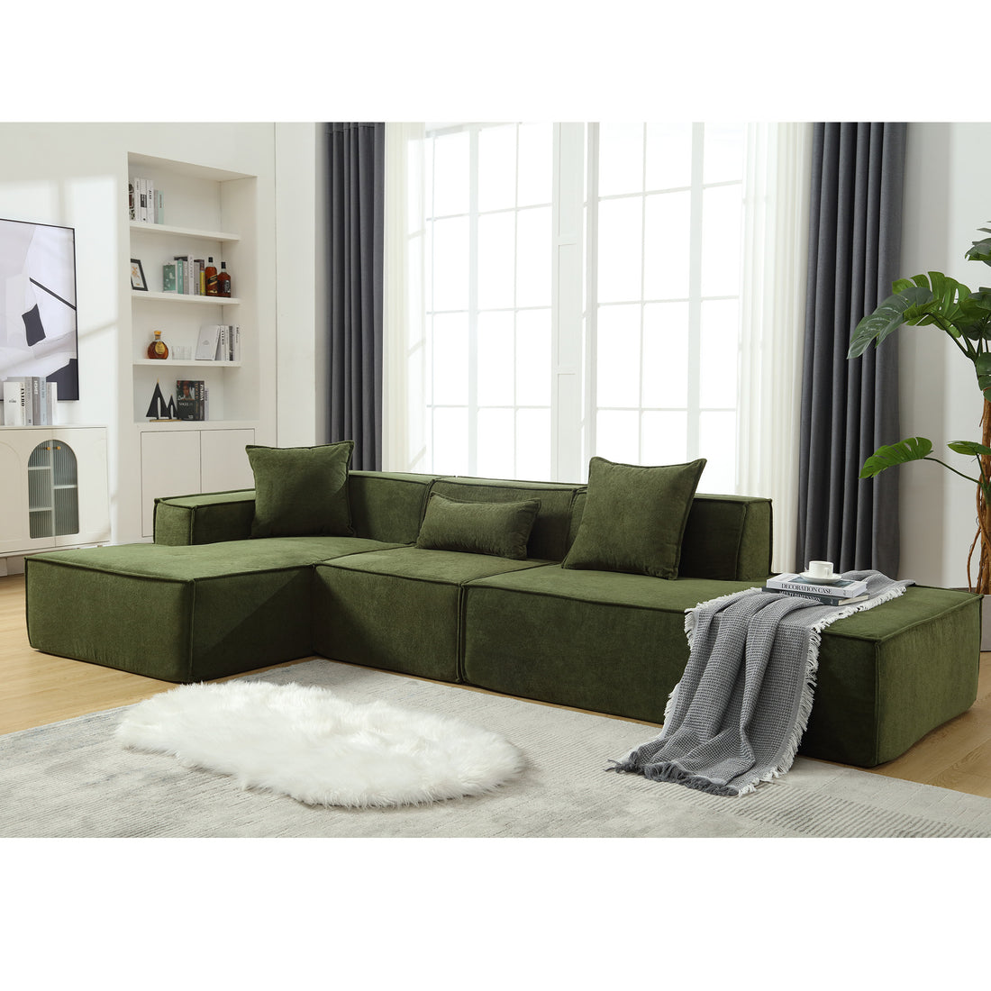 Modular Combination Living Room Sofa Set, Modern Minimalist Sofa, Free Installation Sofa, L Shaped, Italian Minimalist Tofu Block Sofa, Left Hand Facing,Terrycloth Fabric ,Green Green Polyester Primary Living Space Soft Modern Polyester 3 Seat