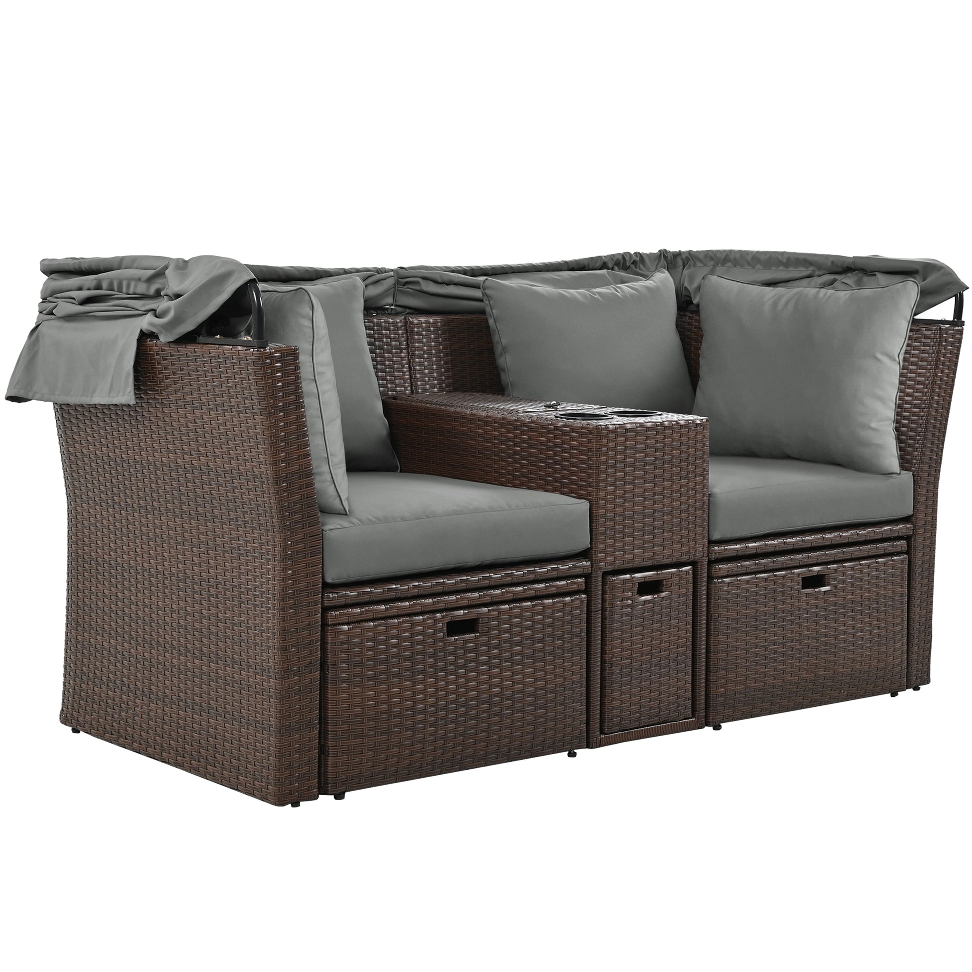 2 Seater Outdoor Patio Daybed Outdoor Double Daybed Outdoor Loveseat Sofa Set With Foldable Awning And Cushions For Garden, Balcony, Poolside, Grey Yes Grey Water Resistant Frame Water Resistant Cushion Garden & Outdoor Sectional Seating Groups Foam