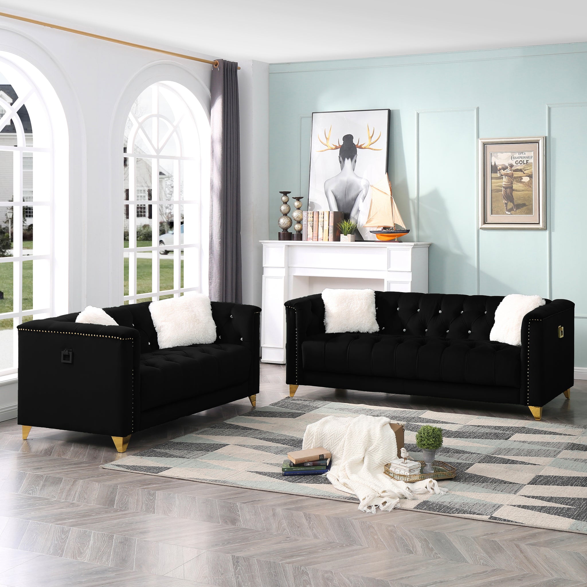 2 Piece Living Room Set Black Black Velvet 5 Seat