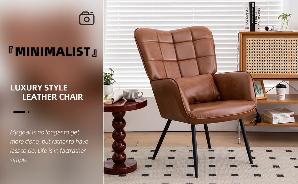 Bonded Leather Armchair, Modern Accent Chair High Back, Living Room Chairs With Metal Legs And Soft Padded, Sofa Chairs For Home Office,Bedroom,Dining Room Brown 1Pc Brown Bonded Leather