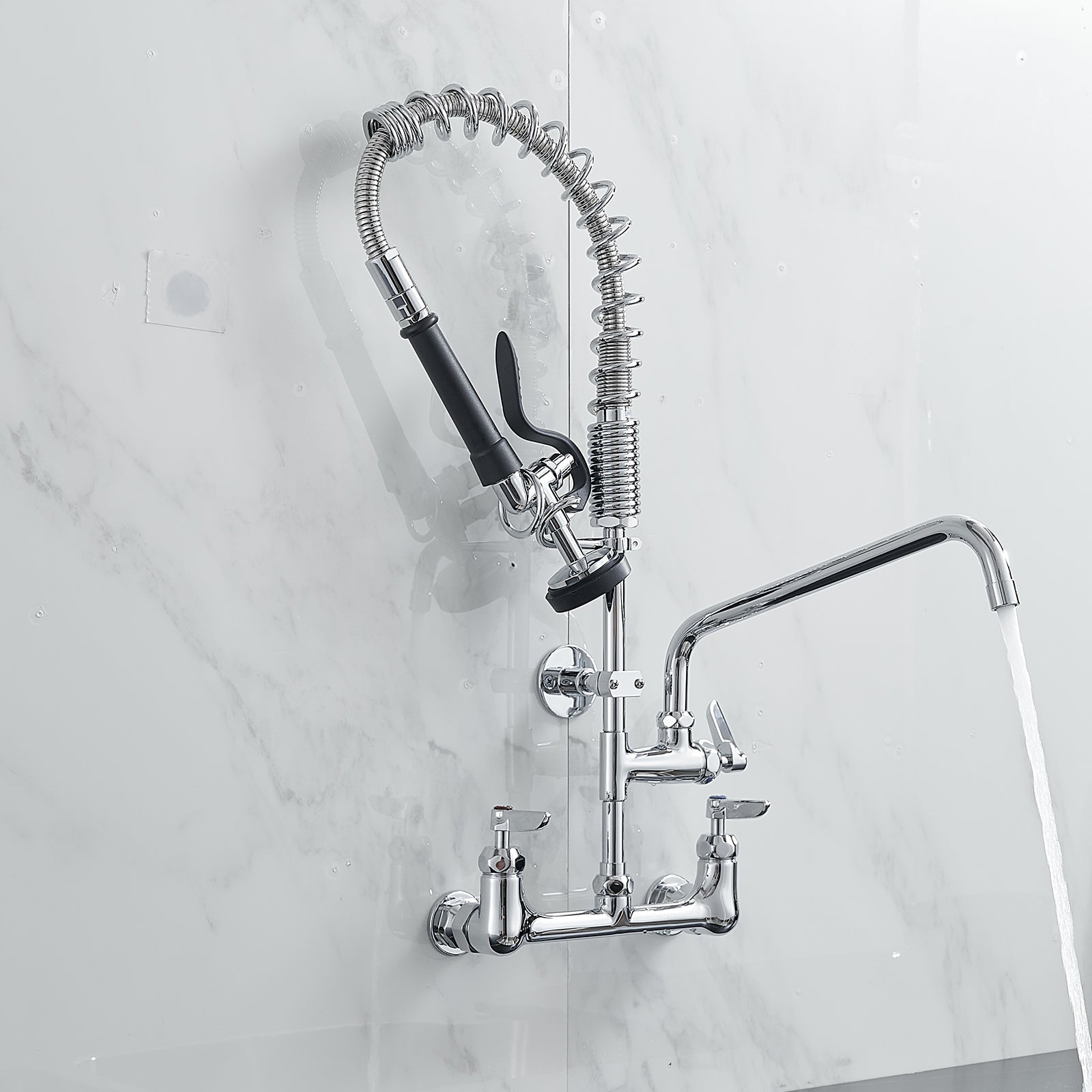 Commercial Kitchen Faucet Deck Mount With Pre Rinse Sprayer 21" Height Kitchen Sink Faucet 8 Inch Center With 10" Add On Swing Spout Faucet & Coiled Spring Pull Down Spray Chrome Kitchen Contemporary Ceramic Brass