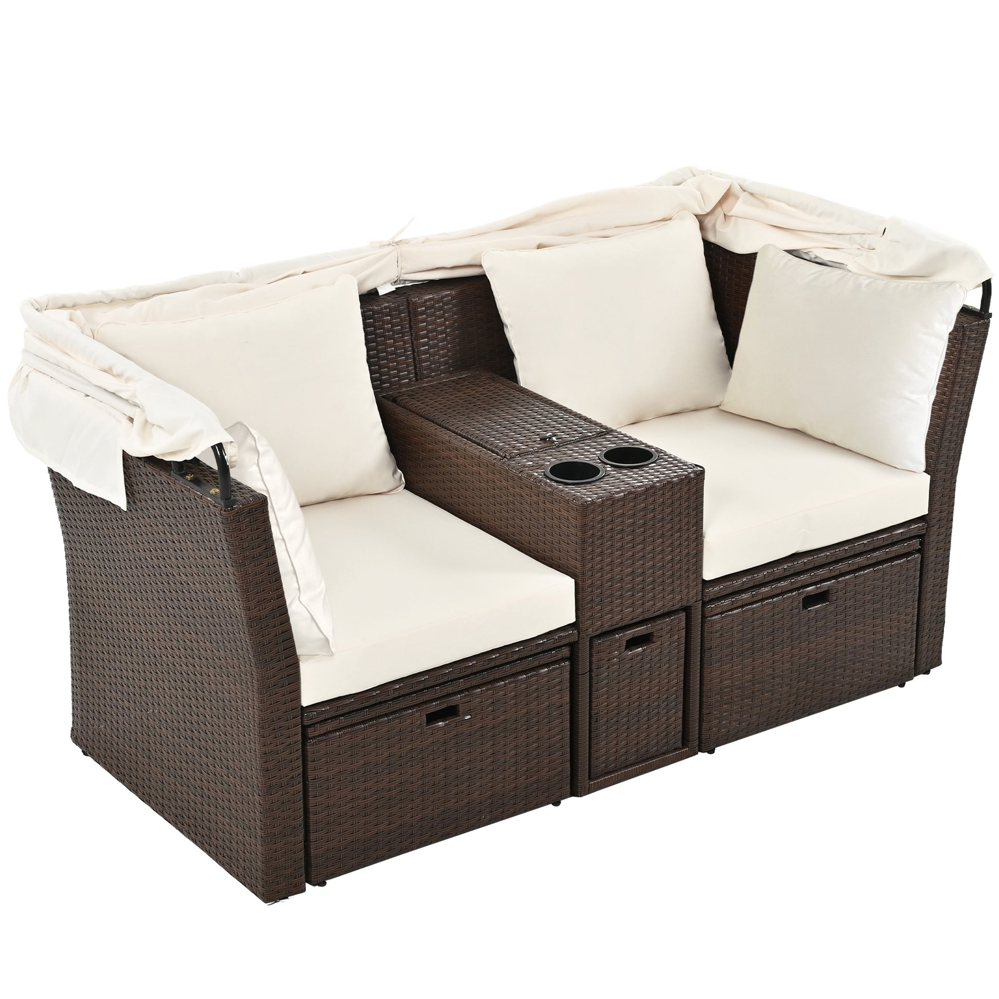 2 Seater Outdoor Patio Daybed Outdoor Double Daybed Outdoor Loveseat Sofa Set With Foldable Awning And Cushions For Garden, Balcony, Poolside, Beige Yes Beige Water Resistant Frame Water Resistant Cushion Garden & Outdoor Sectional Seating Groups Foam