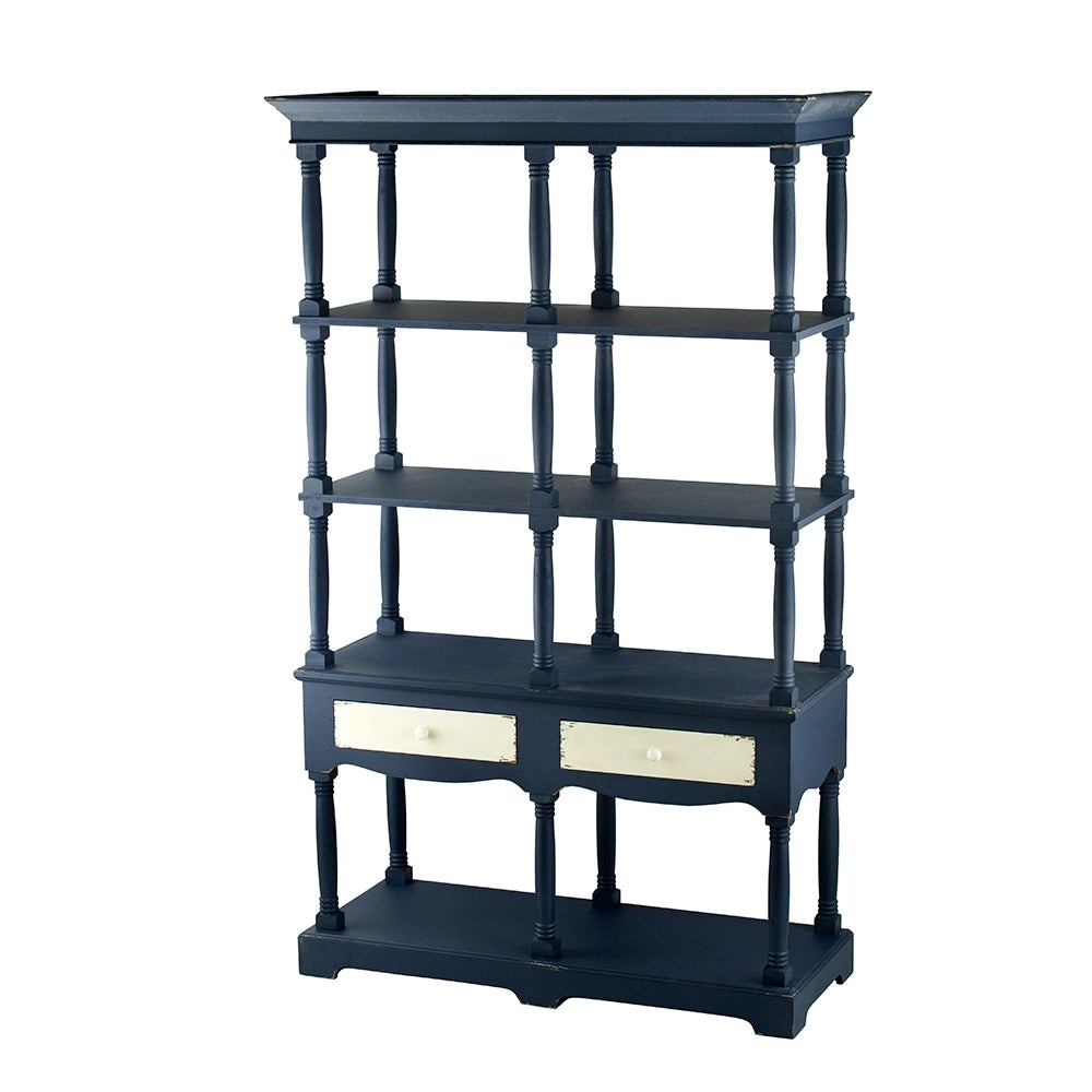 51X19.5X81.5", Blue Four Tiered Wooden Shelf With Two Drawers, Farmhouse Wood Bookcase Display Storage Shelf Etageres Antique Navy Blue Antique,Boho,Farmhouse,French Country Wood