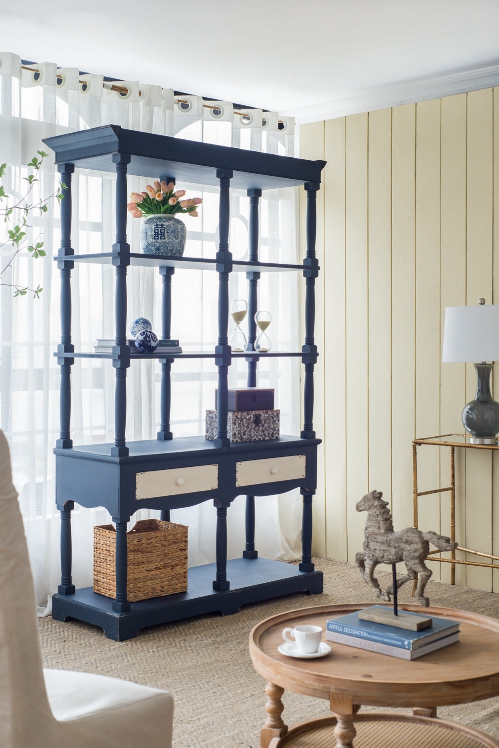 51X19.5X81.5", Blue Four Tiered Wooden Shelf With Two Drawers, Farmhouse Wood Bookcase Display Storage Shelf Etageres Antique Navy Blue Antique,Boho,Farmhouse,French Country Wood