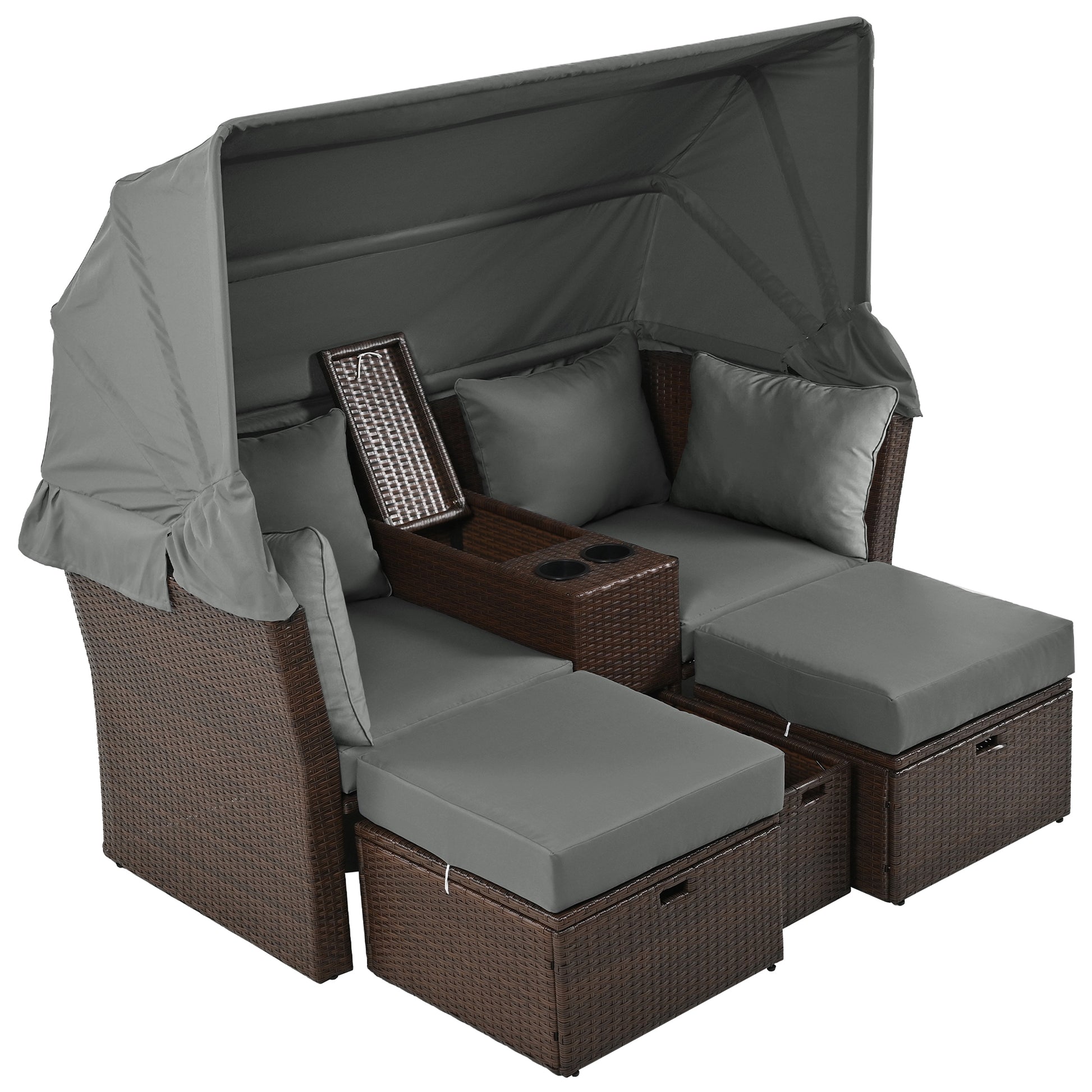 2 Seater Outdoor Patio Daybed Outdoor Double Daybed Outdoor Loveseat Sofa Set With Foldable Awning And Cushions For Garden, Balcony, Poolside, Grey Yes Grey Water Resistant Frame Water Resistant Cushion Garden & Outdoor Sectional Seating Groups Foam