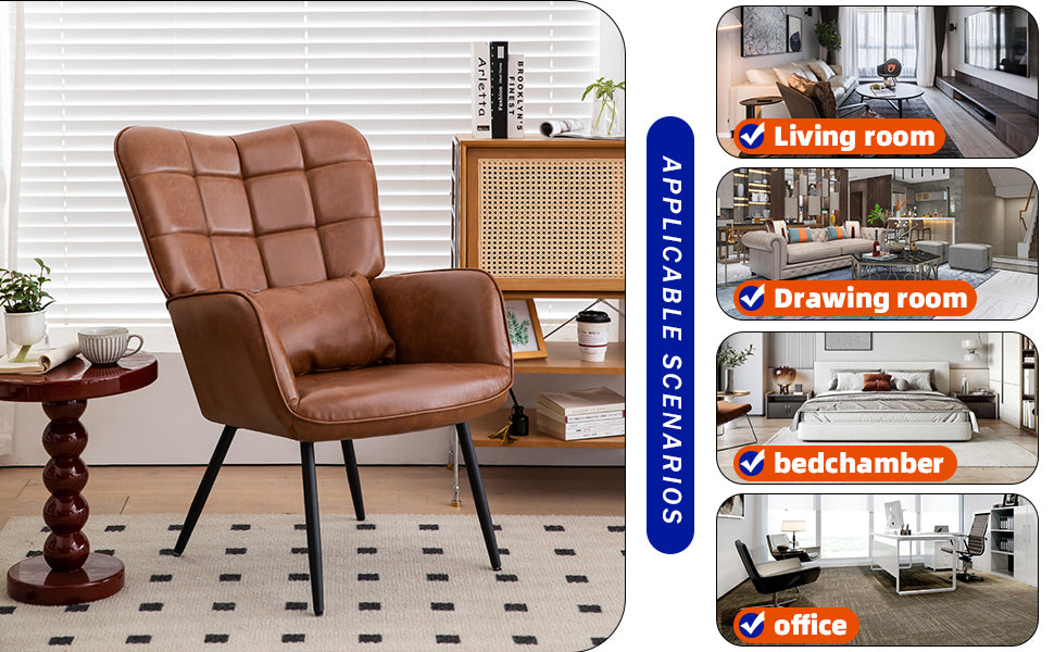 Bonded Leather Armchair, Modern Accent Chair High Back, Living Room Chairs With Metal Legs And Soft Padded, Sofa Chairs For Home Office,Bedroom,Dining Room Brown 1Pc Brown Bonded Leather
