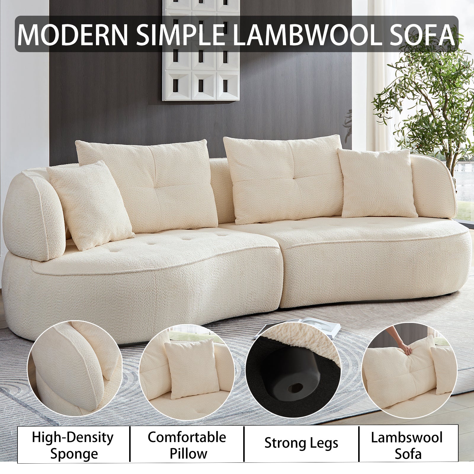 Wks7W White, 4 Seat Modular Sofa, Durable Fabric, Solid Wood Frame, High Density Sponge Cushion, 4 Pillows White Fabric 4 Seat