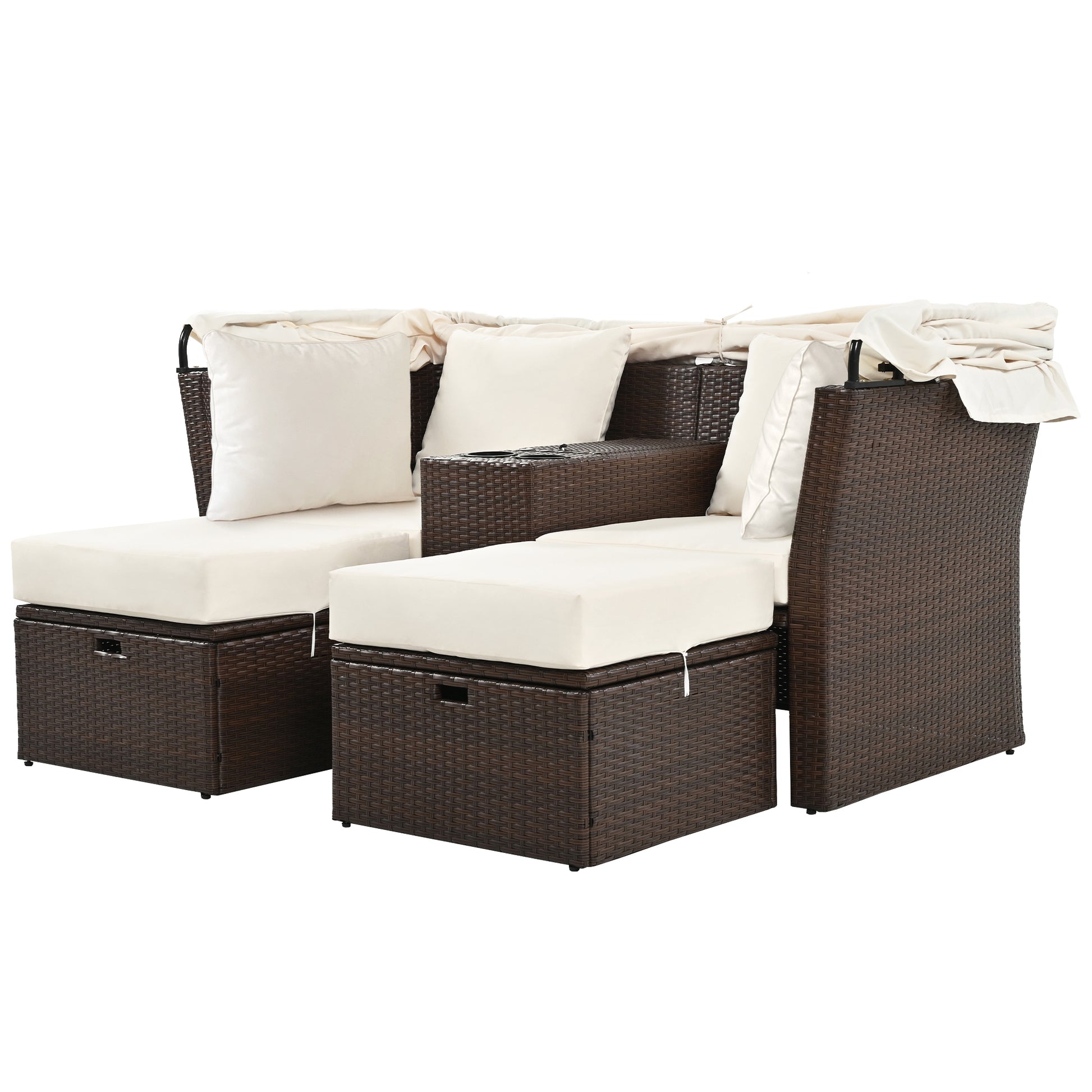 2 Seater Outdoor Patio Daybed Outdoor Double Daybed Outdoor Loveseat Sofa Set With Foldable Awning And Cushions For Garden, Balcony, Poolside, Beige Yes Beige Water Resistant Frame Water Resistant Cushion Garden & Outdoor Sectional Seating Groups Foam