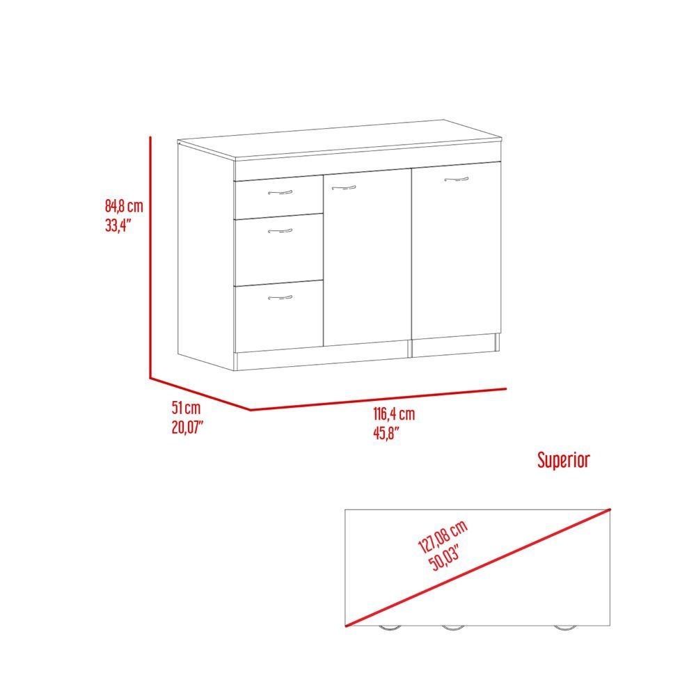 Grecia Kitchen Base Cabinet,Three Drawers, Two Internal Shelves White Dark Walnut Multicolor Kitchen Modern Rectangular Stationary Kitchen Islands Particle Board Particle Board Medium 40 55In