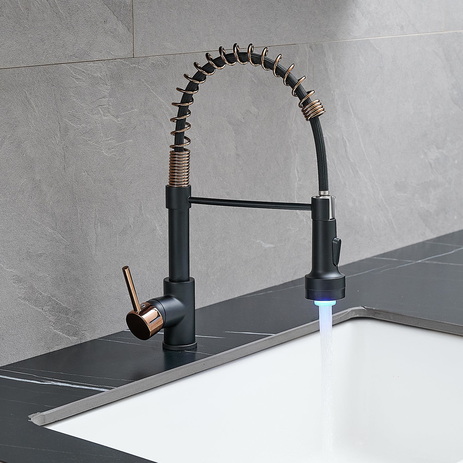 Led Commercial Kitchen Faucet With Pull Down Sprayer, Single Handle Single Lever Kitchen Sink Faucet Black Gold Kitchen Contemporary Ceramic Brass