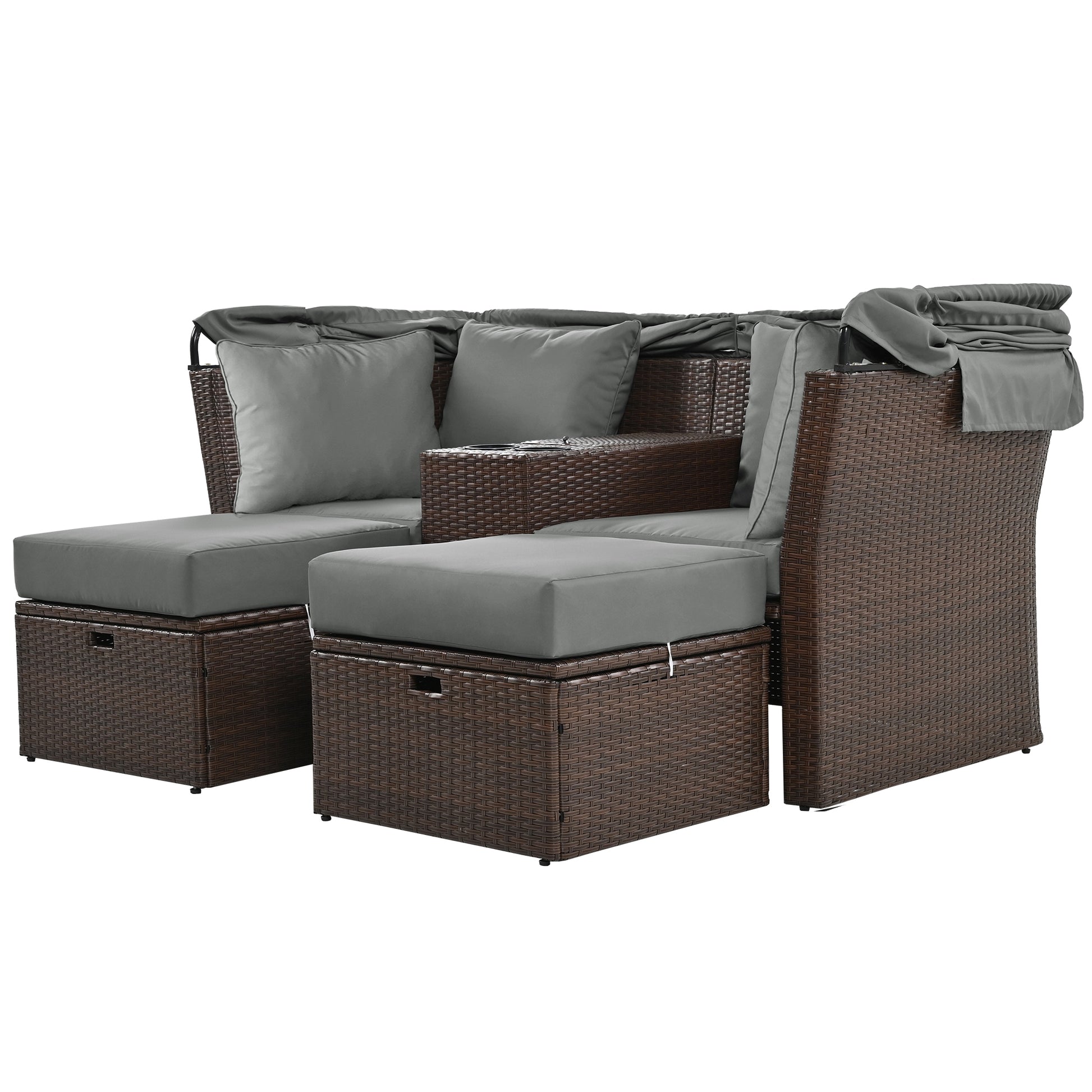 2 Seater Outdoor Patio Daybed Outdoor Double Daybed Outdoor Loveseat Sofa Set With Foldable Awning And Cushions For Garden, Balcony, Poolside, Grey Yes Grey Water Resistant Frame Water Resistant Cushion Garden & Outdoor Sectional Seating Groups Foam
