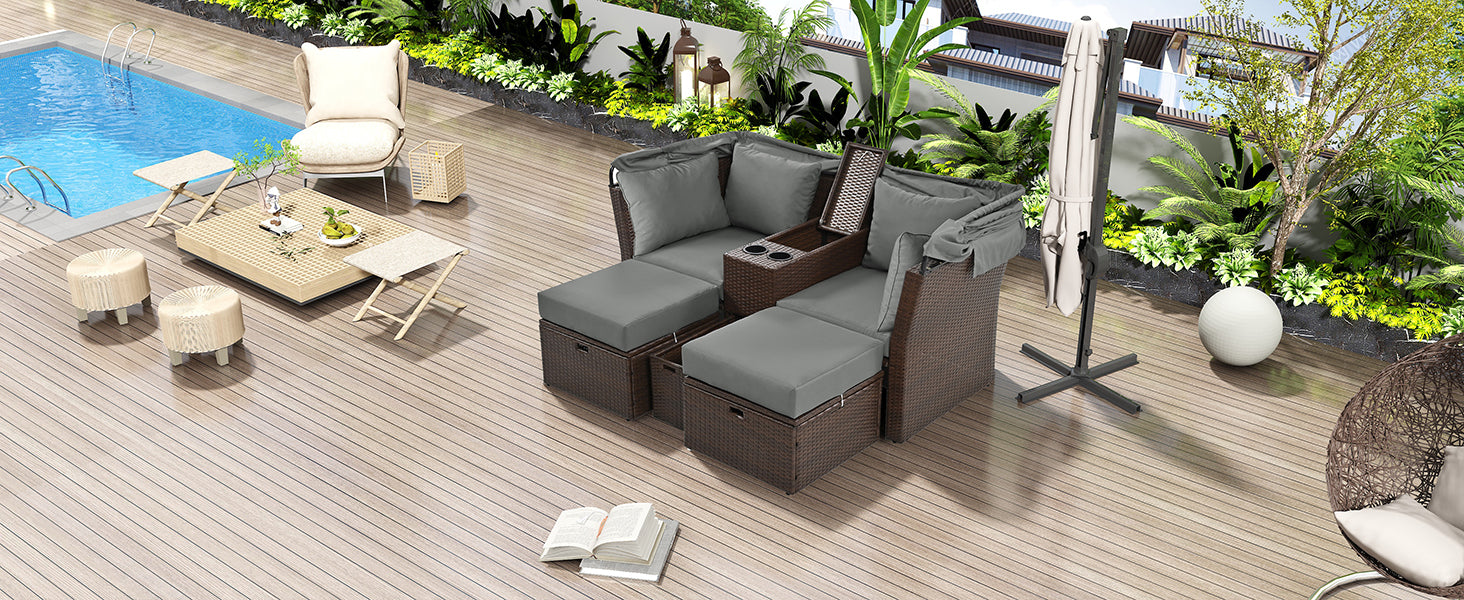 2 Seater Outdoor Patio Daybed Outdoor Double Daybed Outdoor Loveseat Sofa Set With Foldable Awning And Cushions For Garden, Balcony, Poolside, Grey Yes Grey Water Resistant Frame Water Resistant Cushion Garden & Outdoor Sectional Seating Groups Foam