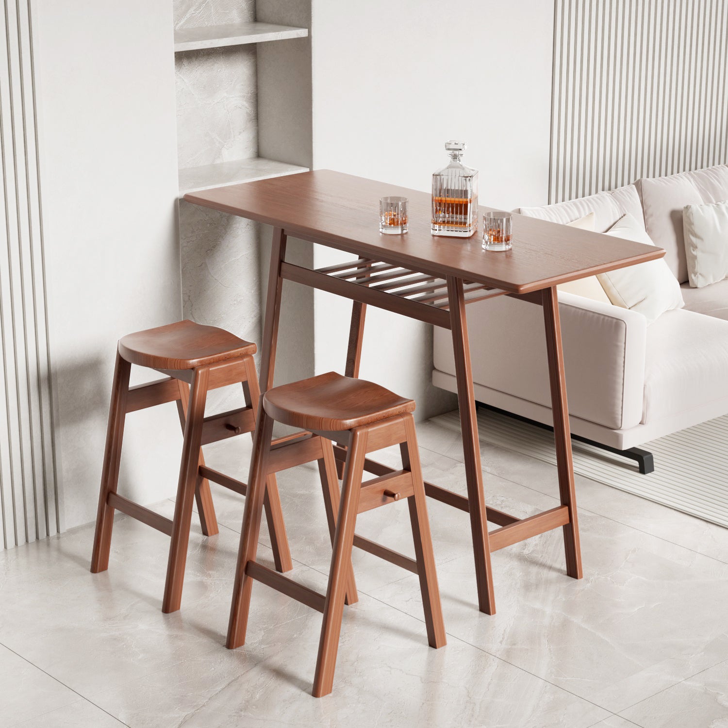 3 Pcs Pub Dining Set Retro Bar Table Rubber Wood Stackable Backless High Stool For 2 With Shelf And Hooks For Home Bar Small Space Antique Brown Rubber Wood