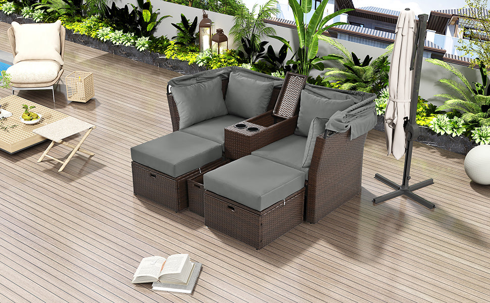 2 Seater Outdoor Patio Daybed Outdoor Double Daybed Outdoor Loveseat Sofa Set With Foldable Awning And Cushions For Garden, Balcony, Poolside, Grey Yes Grey Water Resistant Frame Water Resistant Cushion Garden & Outdoor Sectional Seating Groups Foam