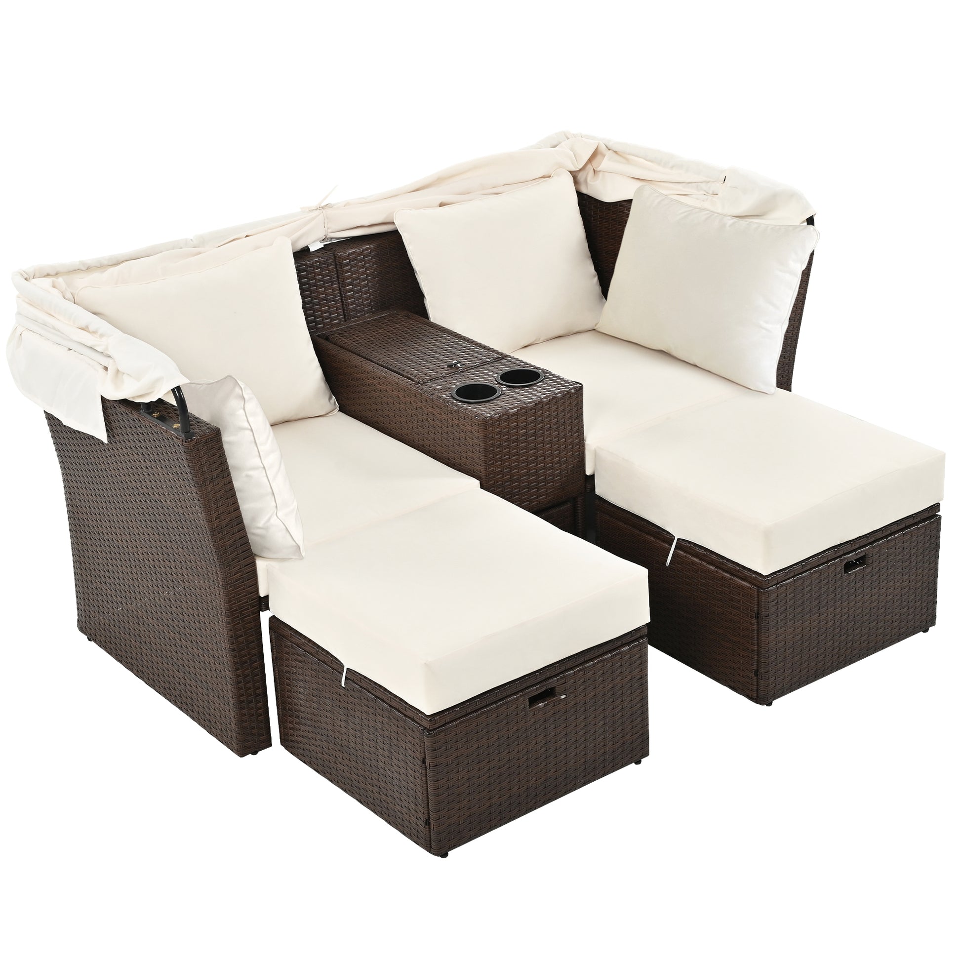 2 Seater Outdoor Patio Daybed Outdoor Double Daybed Outdoor Loveseat Sofa Set With Foldable Awning And Cushions For Garden, Balcony, Poolside, Beige Yes Beige Water Resistant Frame Water Resistant Cushion Garden & Outdoor Sectional Seating Groups Foam