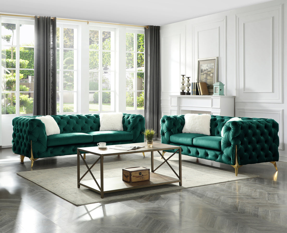 Moderno Tufted 2 Pc Living Room Set Finished In Velvet Fabric In Green Green Wood 5 Seat