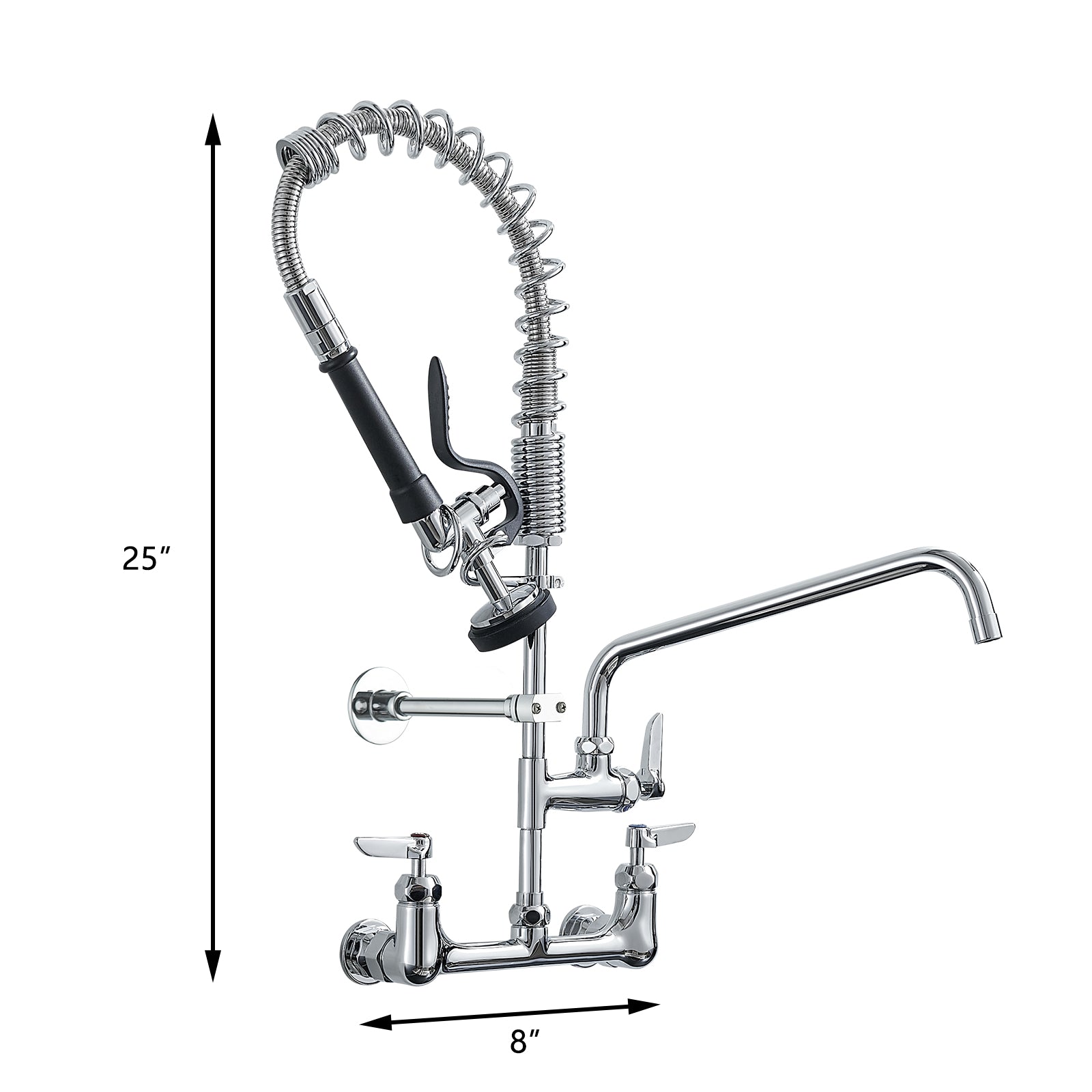 Commercial Kitchen Faucet Deck Mount With Pre Rinse Sprayer 21" Height Kitchen Sink Faucet 8 Inch Center With 10" Add On Swing Spout Faucet & Coiled Spring Pull Down Spray Chrome Kitchen Contemporary Ceramic Brass