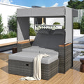 2 Piece Rattan Outdoor Patio Bench Lounge Roof Set, Effective Uv Protection Fabric & Waterproof Cushions And Adjustable Backrest For Garden, Backyard And Porch Grey Wicker Grey Fabric Lounge Grey Garden & Outdoor 2 Person Seating Group Rattan Waterproof