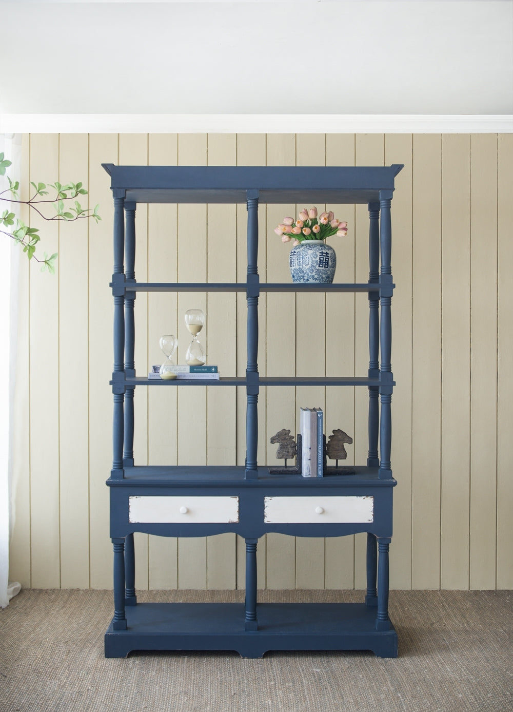 51X19.5X81.5", Blue Four Tiered Wooden Shelf With Two Drawers, Farmhouse Wood Bookcase Display Storage Shelf Etageres Antique Navy Blue Antique,Boho,Farmhouse,French Country Wood