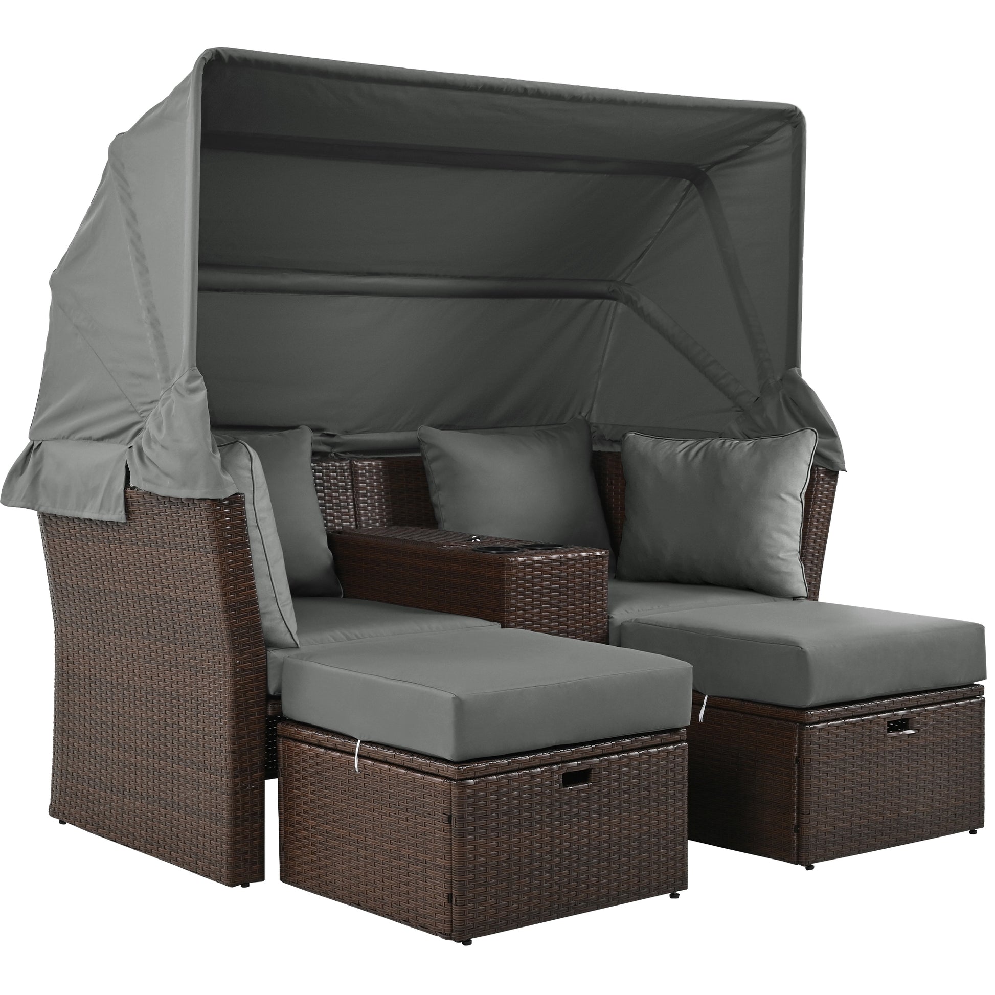 2 Seater Outdoor Patio Daybed Outdoor Double Daybed Outdoor Loveseat Sofa Set With Foldable Awning And Cushions For Garden, Balcony, Poolside, Grey Yes Grey Water Resistant Frame Water Resistant Cushion Garden & Outdoor Sectional Seating Groups Foam