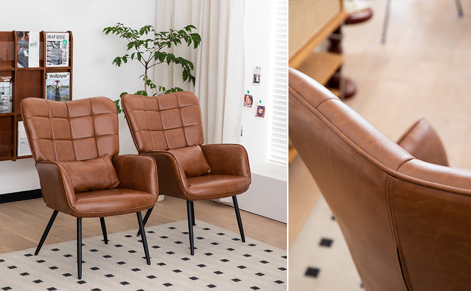Bonded Leather Armchair, Modern Accent Chair High Back, Living Room Chairs With Metal Legs And Soft Padded, Sofa Chairs For Home Office,Bedroom,Dining Room Brown 1Pc Brown Bonded Leather