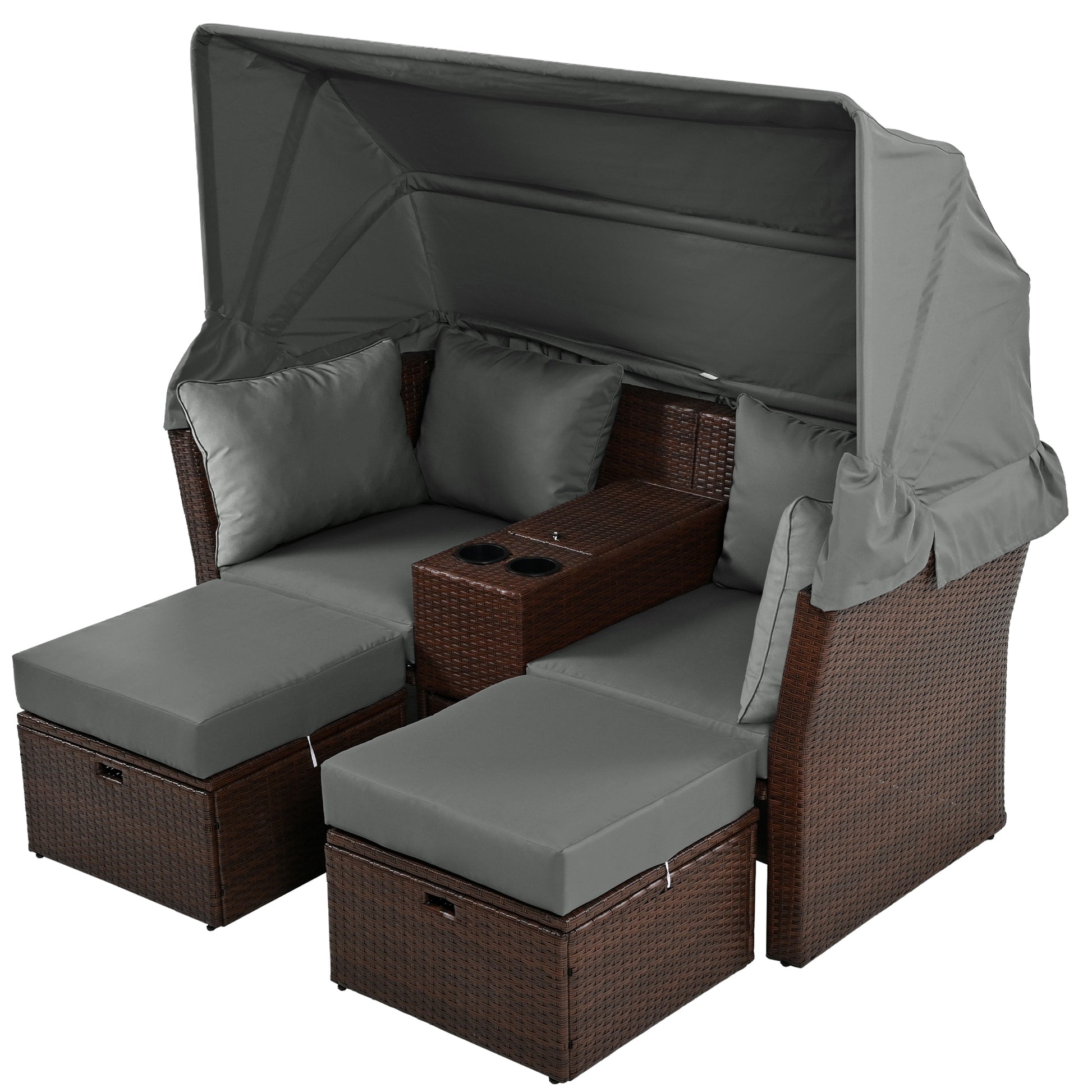 2 Seater Outdoor Patio Daybed Outdoor Double Daybed Outdoor Loveseat Sofa Set With Foldable Awning And Cushions For Garden, Balcony, Poolside, Grey Yes Grey Water Resistant Frame Water Resistant Cushion Garden & Outdoor Sectional Seating Groups Foam