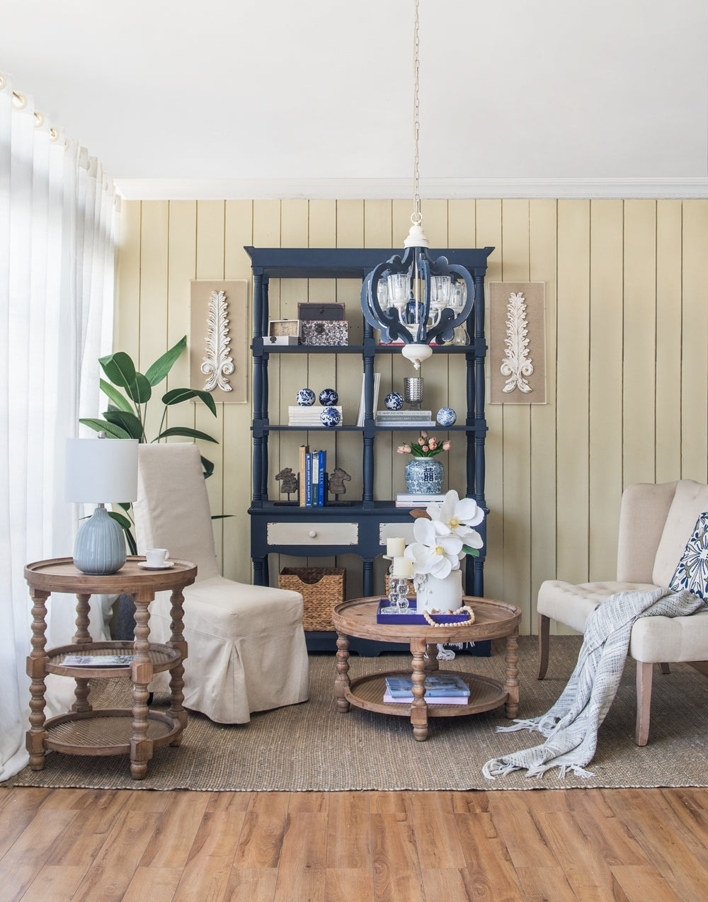 51X19.5X81.5", Blue Four Tiered Wooden Shelf With Two Drawers, Farmhouse Wood Bookcase Display Storage Shelf Etageres Antique Navy Blue Antique,Boho,Farmhouse,French Country Wood