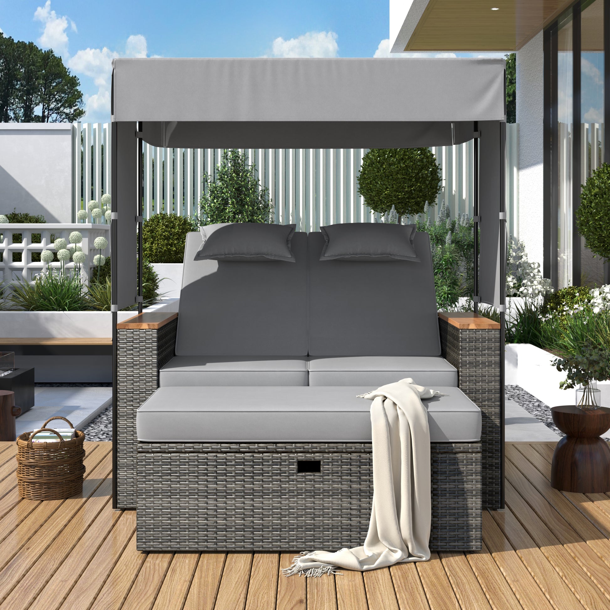 2 Piece Rattan Outdoor Patio Bench Lounge Roof Set, Effective Uv Protection Fabric & Waterproof Cushions And Adjustable Backrest For Garden, Backyard And Porch Grey Wicker Grey Fabric Lounge Grey Garden & Outdoor 2 Person Seating Group Rattan Waterproof