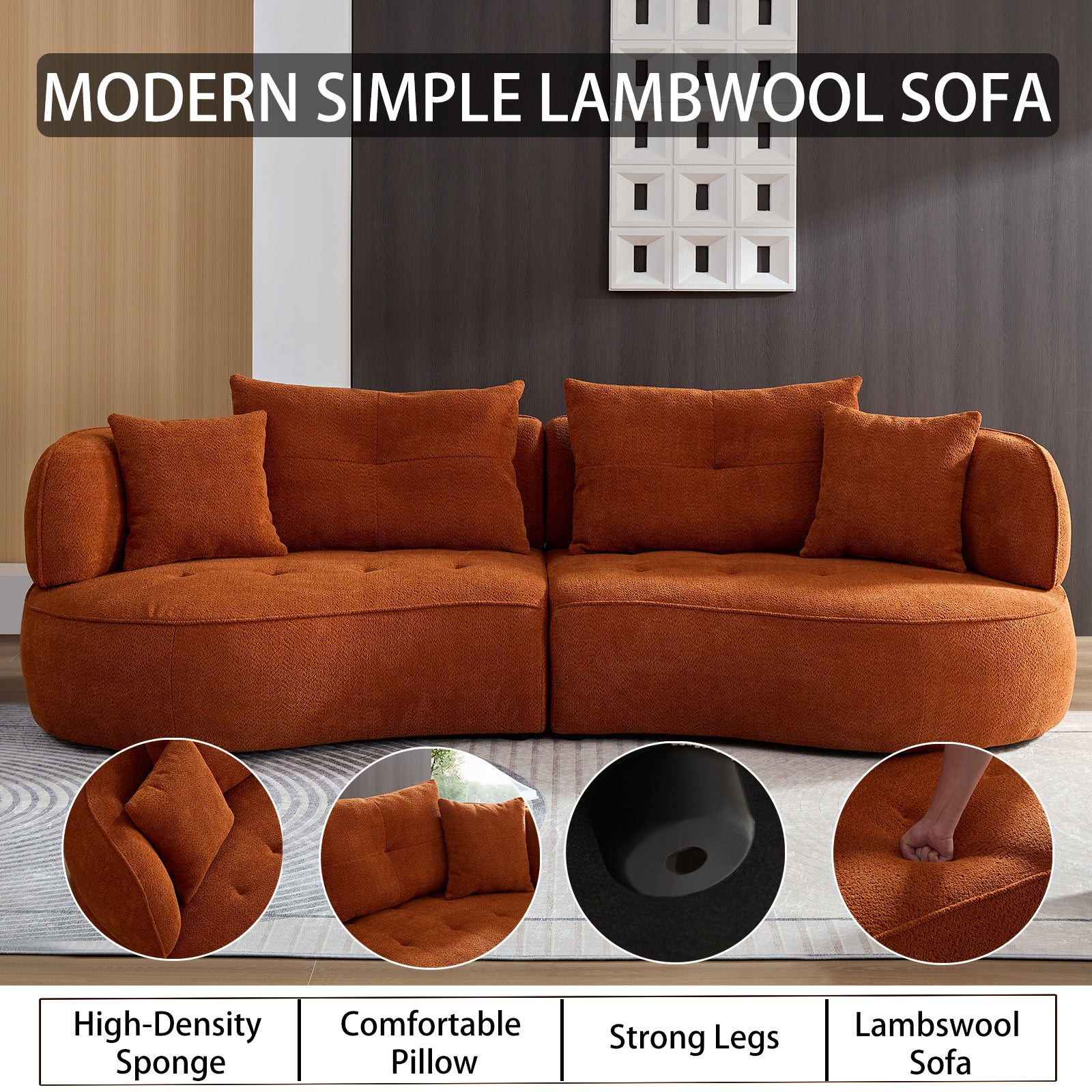 Wks7C Orange Sectional Sofa With Removable Pillows, Durable Fabric, Solid Wood Frame, High Density Sponge Filler Orange Fabric 4 Seat
