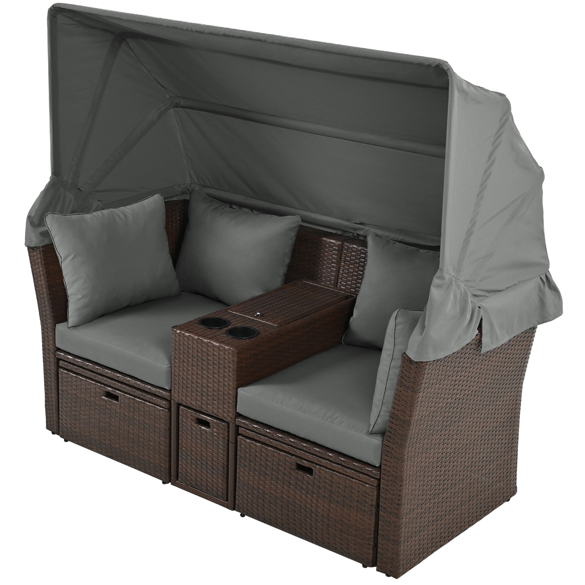 2 Seater Outdoor Patio Daybed Outdoor Double Daybed Outdoor Loveseat Sofa Set With Foldable Awning And Cushions For Garden, Balcony, Poolside, Grey Yes Grey Water Resistant Frame Water Resistant Cushion Garden & Outdoor Sectional Seating Groups Foam