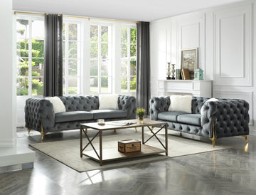 Moderno Tufted 2 Pc Living Room Set Finished In Velvet Fabric In Gray Gray Solid Wood 5 Seat