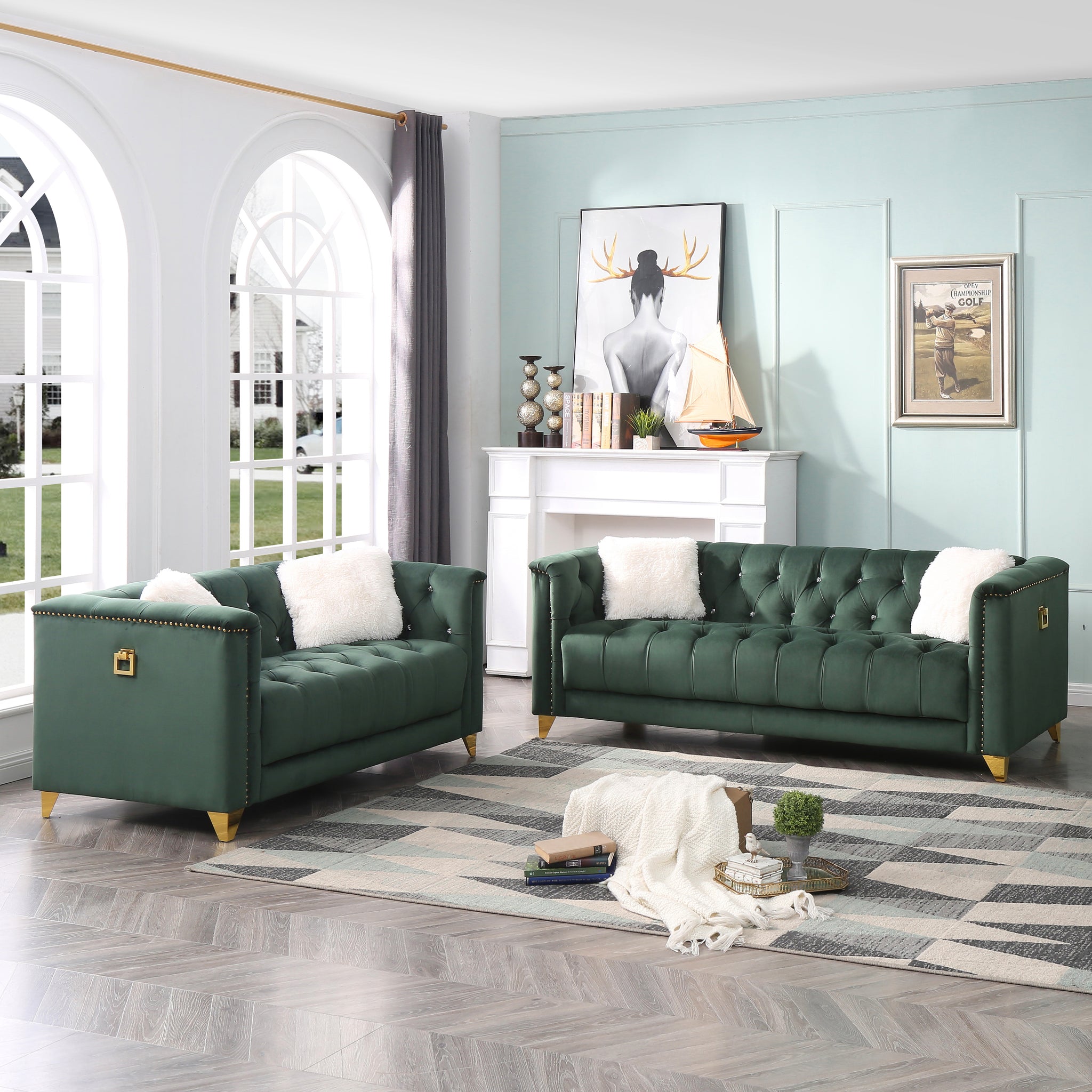 Tufted Upholstery 2 Pc Living Room Set Finished In Velvet Fabric In Green Green Velvet Wood Primary Living Space Soft Tufted Back Modern Rolled Arms Foam Wood 5 Seat