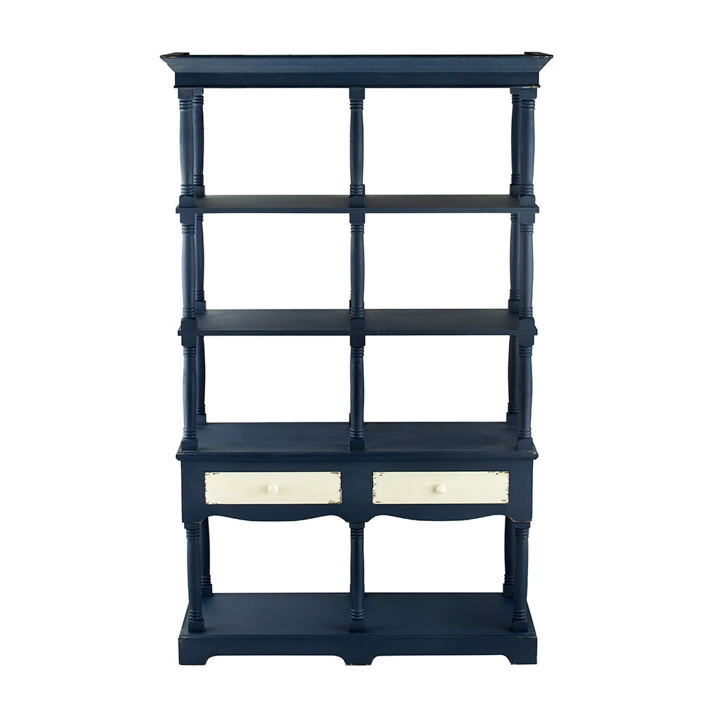 51X19.5X81.5", Blue Four Tiered Wooden Shelf With Two Drawers, Farmhouse Wood Bookcase Display Storage Shelf Etageres Antique Navy Blue Antique,Boho,Farmhouse,French Country Wood